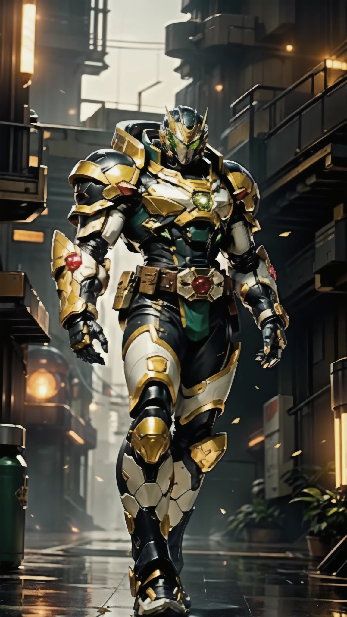 (masterpiece:1.5, best quality:1.5, extremely delicate:1.5), ((male:1.5)), a man wearing a full-face helmet, a biotech armored combat suit, green eyes, (a composite layered chest armor), fully enclosed shoulder guards, matching arm and leg guards, a belt of gemstone, (the color scheme is primarily black with green and red accents), the design balances heavy with agility, a high-tech bio-mecha armor, (Armor Concept Inspired by Space Marines, stand of a futuristic sci-fi city), this character embodies a finely crafted fantasy-style armored hero in anime style, exquisite and mature manga art style, (element, plasma, energy, the armor glows), metallic, high definition, highres, ultra-detailed, ultra-fine painting, professional, perfect body proportions, golden ratio, anatomically correct, symmetrical face, extremely detailed eyes and face, high quality eyes, creativity, RAW photo, UHD, 32k, Natural light, cinematic lighting, masterpiece-anatomy-perfect