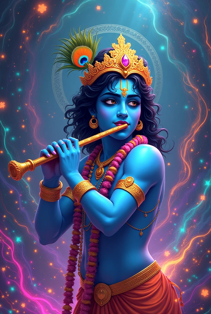 Create a vibrant, glowing portrait of shree krishna playing flute .him with long, flowing hair illuminated in deep blue tones. The figure has a calm and serene expression, with glowing blue eyes. The forehead features a bright, glowing white symbol. The figure wears a golden, ornate necklace that radiates with warm, fiery energy. Above the head, a vivid green flame or aura adds an ethereal touch to the composition. The background is dark, making the luminous colors stand out, creating a magical and otherworldly atmosphere