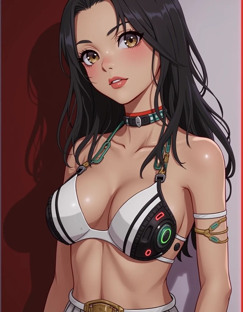 score_9, score_8_up, score_7_up, score_6_up, score_5_up, score_4_up, 1girl, Misato Katsuragi BREAK (close up shot, upper body:1.2), view from front, facing viewer, closeup of face, seductive look BREAK (wearing black micro bikini, underboob), (long black hair), ponytail, bright detailed blue eyes, (large breasts), cleavage, arched back, standing, tiny waist, (flat stomach), athletic BREAK neo tokyo well lit highrise building, filled with neon signs, well lit by red neon lights, translucid, fine lips, pinup pose BREAK official art, masterpiece, cel-shaded, source_painted_concept_art