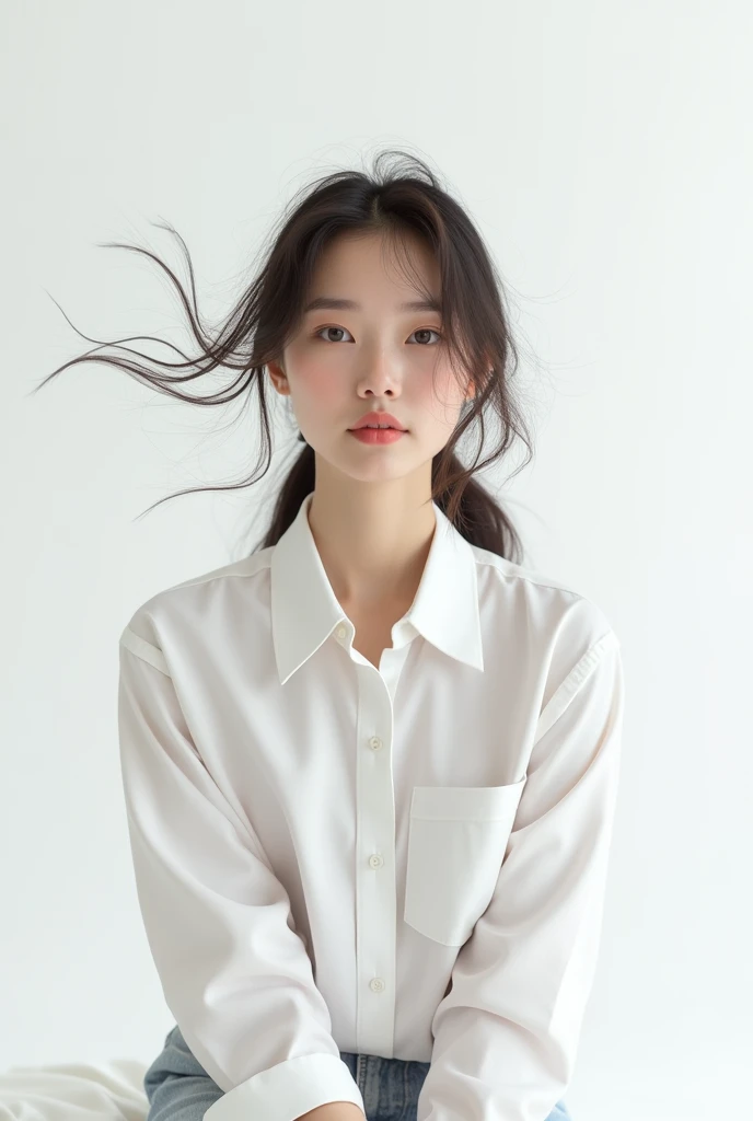There is a woman with long hair and a white shirt., A painting by Kim Jeong-hee, Doesn&#39;t bounce, What is that?, normal number, korean artist, Minjeong Shin, Jiyoung Kwak, Heonhwa Choi, Louise Zhang, Frontal portrait, jiyun chae, Taejun Kim, Hyunjoo Kim, Artist Yokoyama Arata