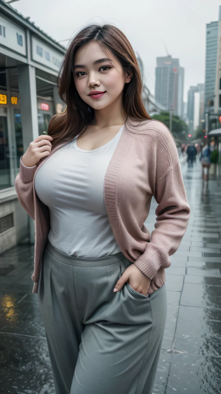 High detailed, 4k quality, stunning  indonesian girl, wearing cardigan & culottes bottom, perfect breast, curvy body, playful expression, city background, rainy day