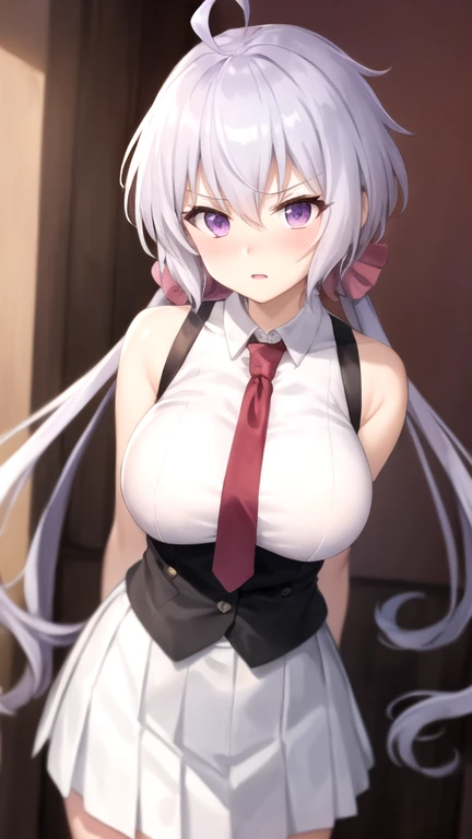 (extremely detailed CG), (best quality), perfect face, shiny skin, lustrous skin, wide hips, cowboy shot, {{crass loom}}, 1girl,solo  YukineChris, light purple hair, very long hair, low twintails, large breast, ahoge, purple eyes, twintails, white shirt, pleated skirt sleeveless, red necktie, standing, arms behind back, {{worried}}