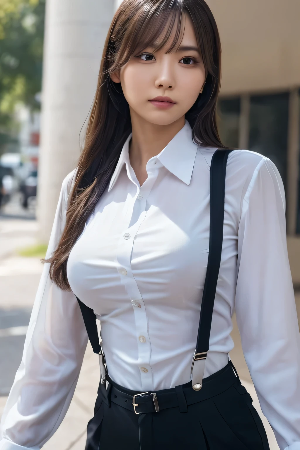 a woman in a suit, belt, hands behind back, sweating, suspenders, black pants, sexly, large breasts, see-through clothing, rain, detective, office worker, white button-up shirt, (best quality,4K,8k,highres,masterpiece:1.2),ultra-detailed,(realistic,photorealistic,photo-realistic:1.37),hyper-detailed,highly detailed face and body, Slender thin suspenders Moderate breasts See-through shirt Nipples holster chain Pistol Armament criminal Female criminal knife Hands Behind Back Constraints