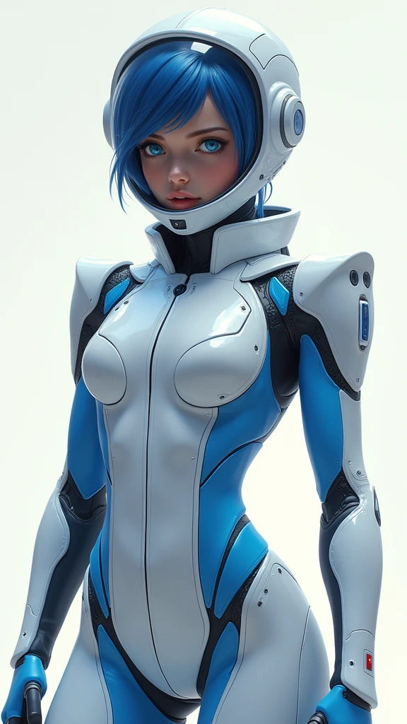 (masterpiece, highest quality, highest resolution, distinct_image, detailed details): (Solo, lone girl, Japan face, blue haired girl, short cut, full body figure, small size breasts, sparkling blue colored eyes, pilot suit in metallic white and blue color, tight fit clothes, clothes covering the whole body, beauty, slim body, exoskeleton, sexy pose, heroine, Full face helmet, knee boots)