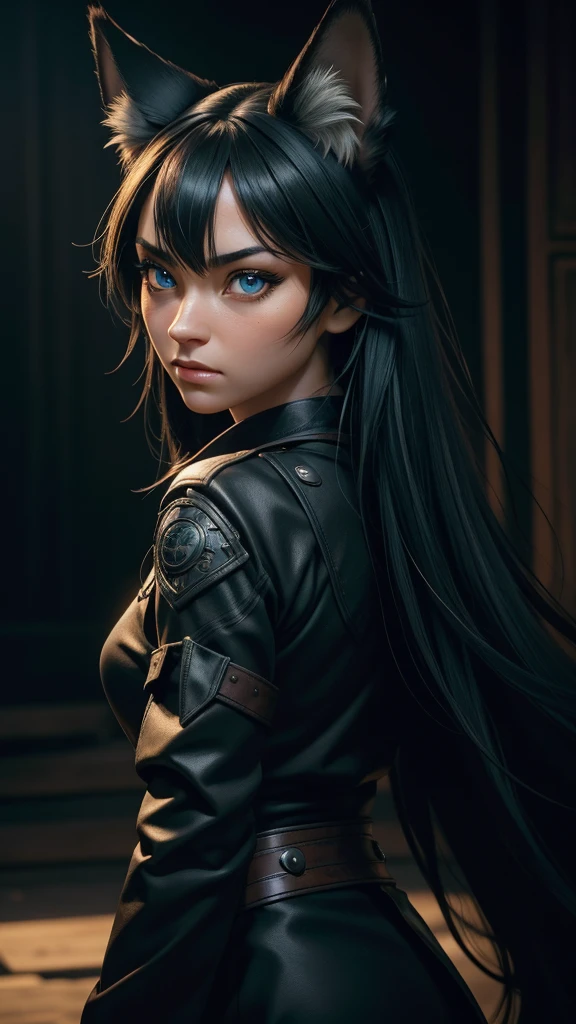 1girl, black fur, black kitsune, black fox, portrait, Symmetrical Eyes, headshot, animal ear fluff, fox tail, blue eyes, Pathfinder Character, TTRPG Pathfinder, detailed eyes, fox eyes, (best quality,4k,8k,highres,masterpiece:1.2),ultra-detailed,(realistic,photorealistic,photo-realistic:1.37),expressive eyes, perfect face, intricate details, dramatic lighting, cinematic, hyper realistic, chiaroscuro, dark and moody