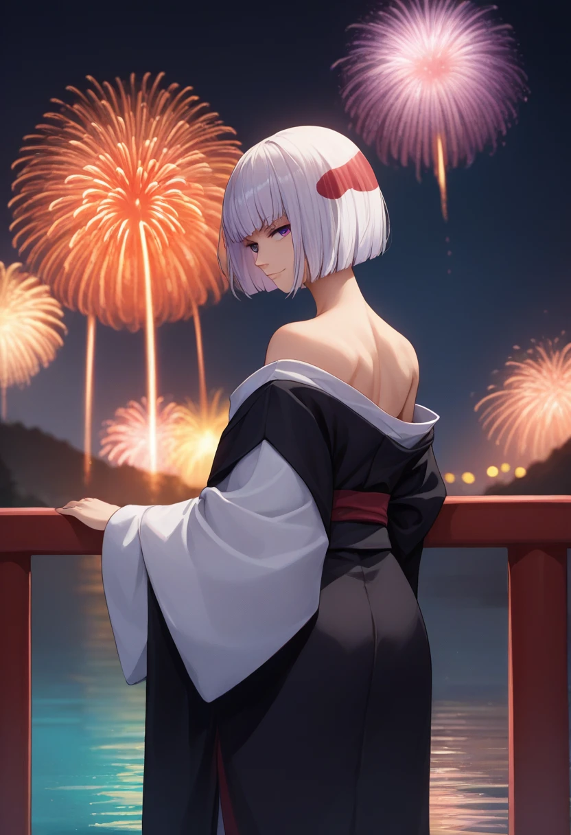 score_9, score_8_up, score_7_up, source_anime, from behind, solo, 1girl, uraume, smirk, expressionless, looking back, bob cut, purple eyes, japanese clothes, black kimono, white kimono, off shoulder, long sleeves, wide sleeves, bare shoulders, fireworks 