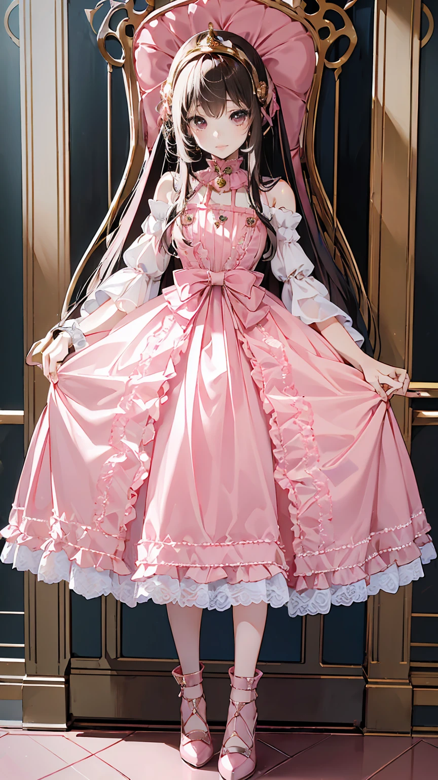 (Highest quality,4K,High resolution,masterpiece:1.2),Very detailed,Realistic:1.37,,(whole body, I can see your feet and shoes: 1.2),、((Pink Dress)), Hyperrealistic photo of a girl in a majestic light pink and gold ball gown dress, Big beautiful dress, Lots of frills and rhinestones、Intricately voluminous ball gown (Highest quality, Tabletop, Art Station, Fantasy art:1.2), 美しいcute***, (Long blonde curly hair:1.1), (Intricate short gold skirt, whole bodyショット)、Anime Style、Storytelling、、Beautiful girl、とてもcute天使、Pink Gothic Dress、cute、Baby Face、smile、Long Skirt、,Black long boots、Highest quality, masterpiece, 最High resolution, artwork, super それにGet used to it, many Get used to it, Get used to it, それにGet used to it, woman, ,((Pink Victorian Voluminous Ball Gown Dress)),Long dress,A dress with lots of frills and ribbons..Wearing a tiara on her head,luxury,One person, Pink brown hair,Pink Eyes、Pink World,(A girl wearing a pink princess skirt),Pink Hair,pink bedroom layout,Pink Bed,Pink mosquito net,Pink furniture,Pink color palette,(zenTangle, Mandala, Tangle, enTangle:0.6),(Making Art),The most beautiful chaotic shapes,Beast Design,behind,Pink High Heels,Perfect hands,
