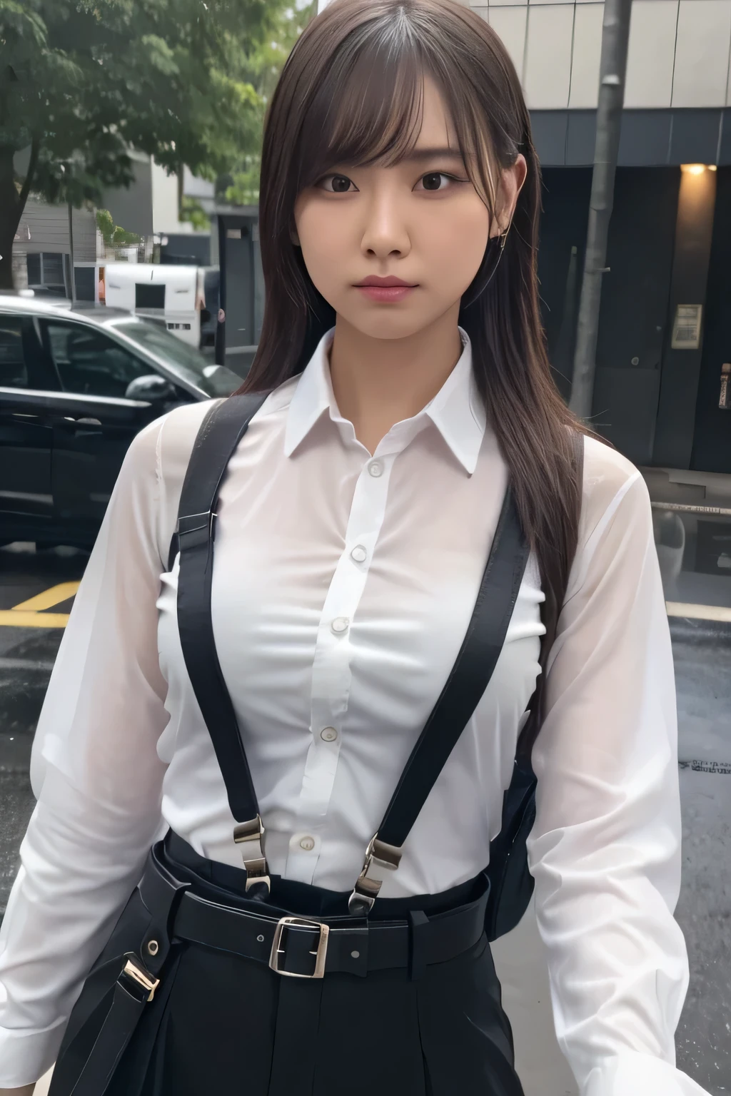 a woman in a suit, belt, hands behind back, sweating, suspenders, black pants, sexly, large breasts, see-through clothing, rain, detective, office worker, white button-up shirt, (best quality,4K,8k,highres,masterpiece:1.2),ultra-detailed,(realistic,photorealistic,photo-realistic:1.37),hyper-detailed,highly detailed face and body, Slender thin suspenders Moderate breasts See-through shirt Nipples holster chain Pistol Armament criminal Female criminal knife Hands Behind Back Constraints