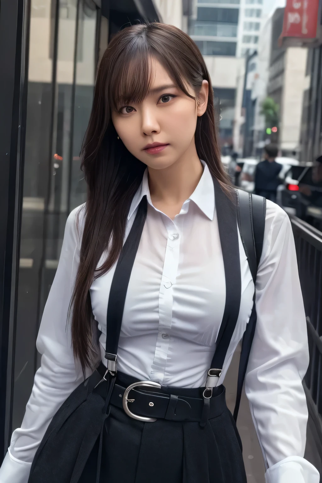 a woman in a suit, belt, hands behind back, sweating, suspenders, black pants, sexly, large breasts, see-through clothing, rain, detective, office worker, white button-up shirt, (best quality,4K,8k,highres,masterpiece:1.2),ultra-detailed,(realistic,photorealistic,photo-realistic:1.37),hyper-detailed,highly detailed face and body, Slender　thin　suspenders　Moderate breasts　See-through shirt　Nipples　holster　chain　Pistol　Armament　criminal　Female criminal　knife 　 Hands Behind Back　Constraints
