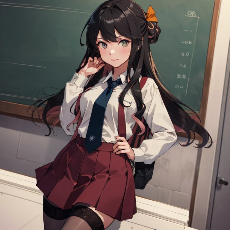 naganami, hair ribbon, school uniform, halterneck, shirt, bow, long sleeves, skirt, grey pantyhose,
 (masterpiece:1.4),(best quality:1.4), (premium:1.4), (great illustration:1.4), (ultradetailed:1.4),(art CG, 8K),(1girl,solo:1.4),full body, 
