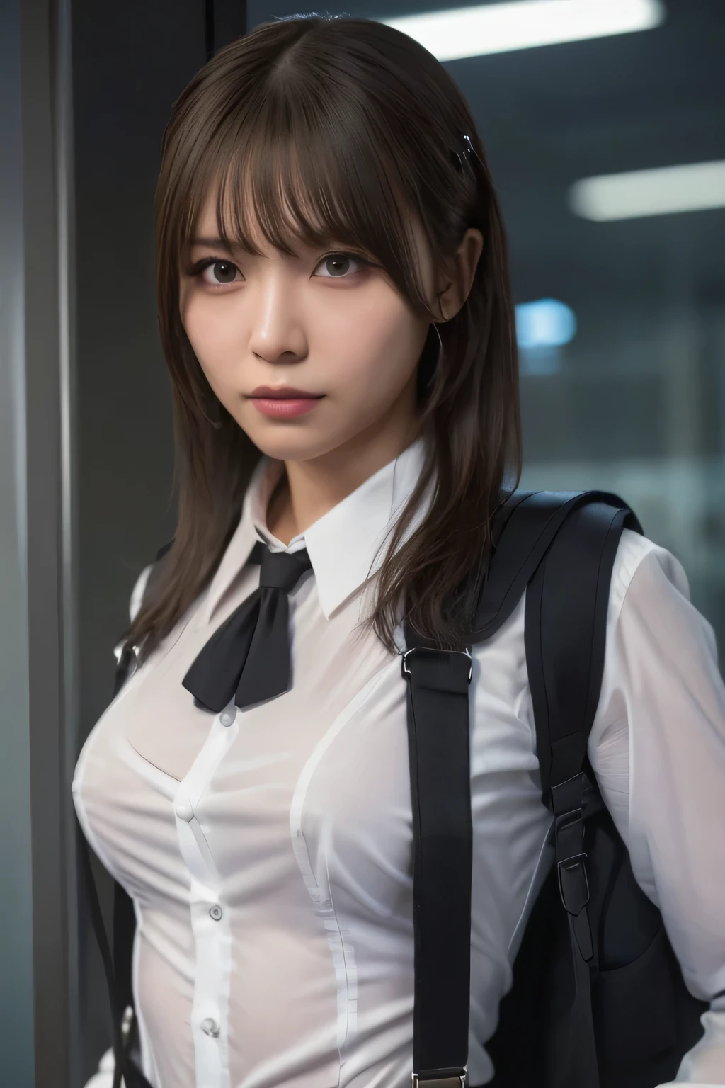 a woman in a suit, belt, hands behind back, sweating, suspenders, black pants, sexly, large breasts, see-through clothing, rain, detective, office worker, white button-up shirt, (best quality,4K,8k,highres,masterpiece:1.2),ultra-detailed,(realistic,photorealistic,photo-realistic:1.37),hyper-detailed,highly detailed face and body, Slender　thin　suspenders　Moderate breasts　See-through shirt　Nipples　holster　chain　Pistol　Armament　criminal　Female criminal　knife 　 Hands Behind Back　Constraints
