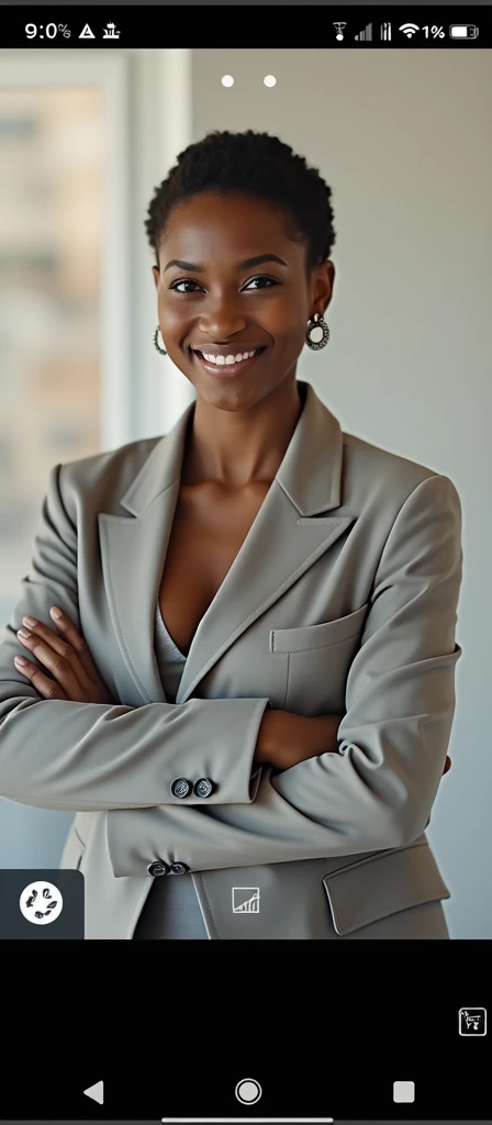 Realistic full size picture, of a Charismatic black woman, Early thirties, Light blue suit, Curvy body, Beautiful figure, Gorgeous smile, Expressive eyes, Sitting in an elegant office, professional setup, (Ample cleavage: 0.5), Deep colors, Rich textures, High contrast, High saturation, Glossy finish, Sharp focus on facial features, Soft background blur, Natural makeup, Warm lighting, Film grain effect, Radiant and confident expression.