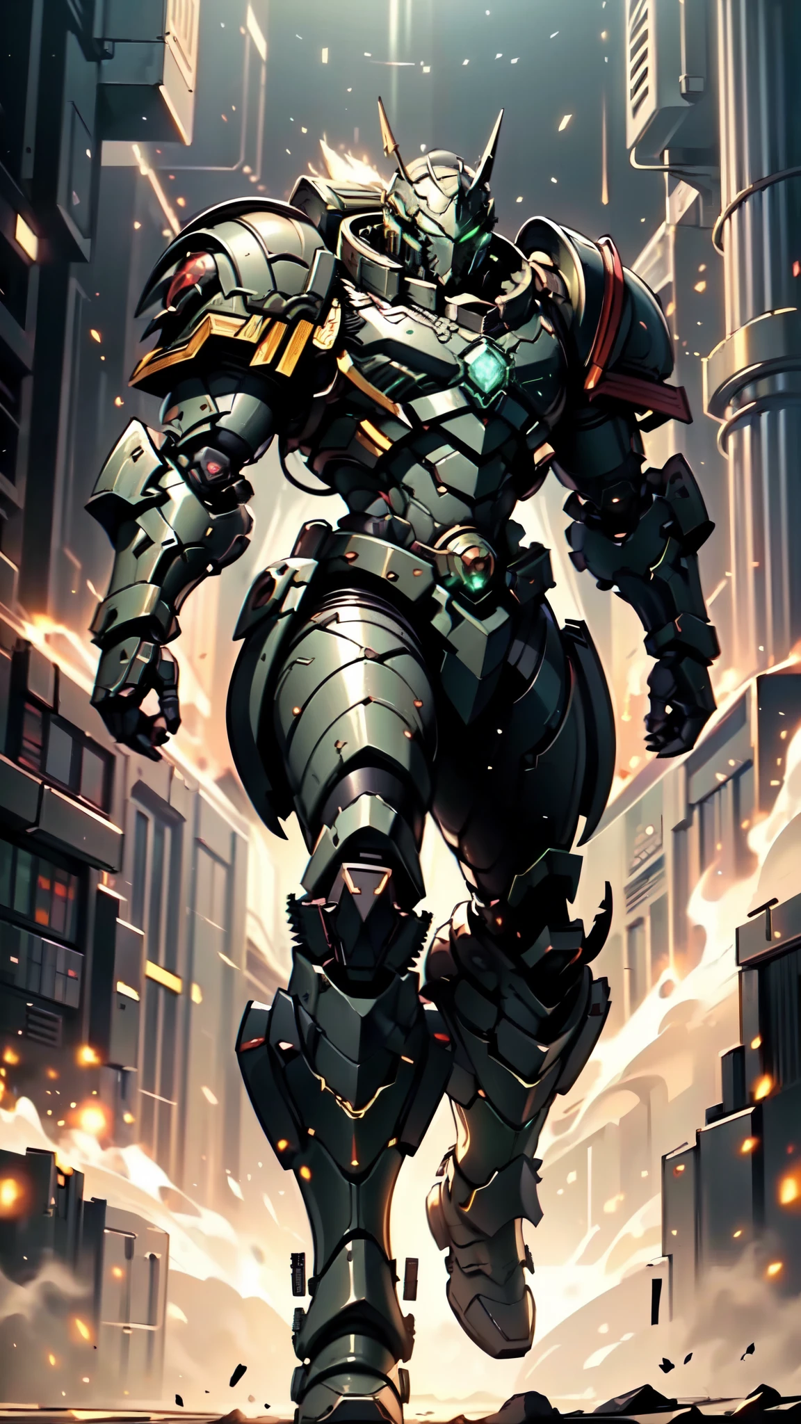 (masterpiece:1.5, best quality:1.5, extremely delicate:1.5), ((male:1.5)), a man wearing a full-face helmet, a biotech armored combat suit, green eyes, (a composite layered chest armor), fully enclosed shoulder guards, matching arm and leg guards, a belt of gemstone, (the color scheme is primarily black with green and red accents), the design balances heavy with agility, a high-tech bio-mecha armor, (Armor Concept Inspired by Space Marines, stand of a futuristic sci-fi city), this character embodies a finely crafted fantasy-style armored hero in anime style, exquisite and mature manga art style, (element, plasma, energy, the armor glows), metallic, high definition, highres, ultra-detailed, ultra-fine painting, professional, perfect body proportions, golden ratio, anatomically correct, symmetrical face, extremely detailed eyes and face, high quality eyes, creativity, RAW photo, UHD, 32k, Natural light, cinematic lighting, masterpiece-anatomy-perfect