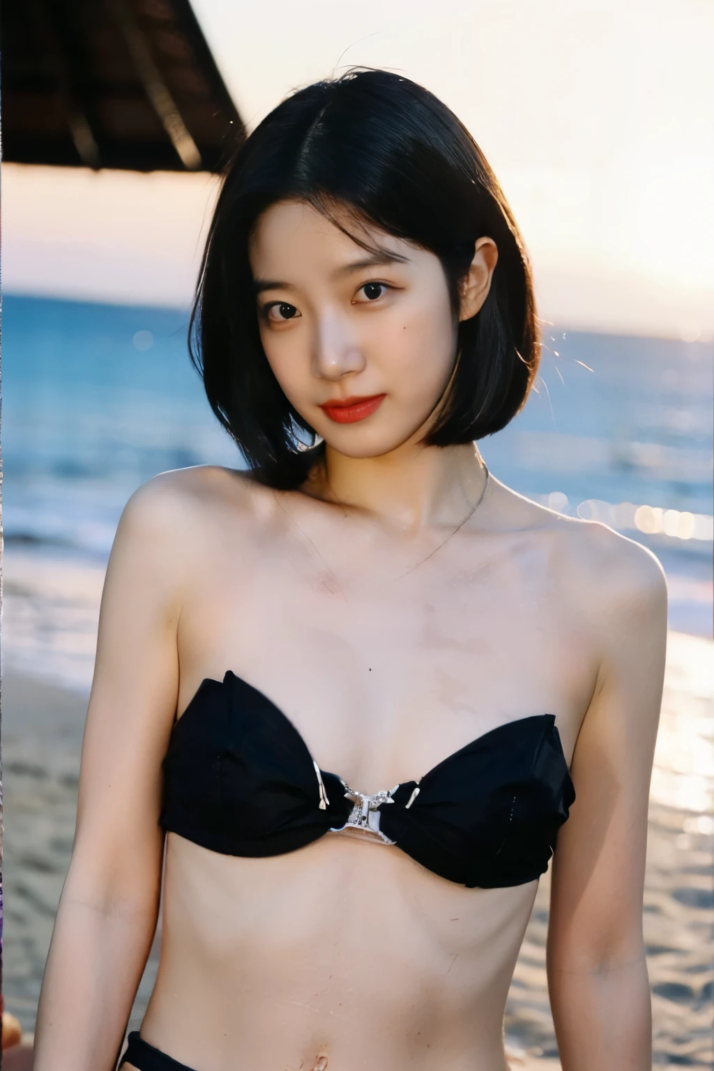 (One Person), (Masterpiece, Best Quality), (A Gorgeous 2 Female Model), (Wavy Bobcut Black Hair:1.6), (Athletic Body Builds:1.4), (Pale Skin:1.4), (Detailed Shiny and Sweaty Skin:1.6), (Sexy Looking), (Huge Chest Size:1.6), (Wearing Strapless Red and Black Bikini:1.4), (Deep Cleavage), (Clean Armpits:1.4), (Dynamic Pose:1.4), (Tropical Beach at Evening with Sunset:1.6), Centered, (Half Body Shot:1.4), From Front Shot, Insane Details, Intricate Face Detail, Intricate Hand Details, Cinematic Shot and Lighting, Realistic and Vibrant Colors, Masterpiece, Sharp Focus, Highly Detailed, Taken with DSLR camera, Depth of Field, Realistic Environment and Scene, Master Composition and Cinematography, gaze looking beyond,red blush,Strong sunshine,delicate and messy hair,realistic skin textures, Pronounced pores and skin wrinkles,((strong light shines on the face)), The upper part of the body, naked portrait, nude photography, detailed armpit, pussy pubic hair, shiny nipple