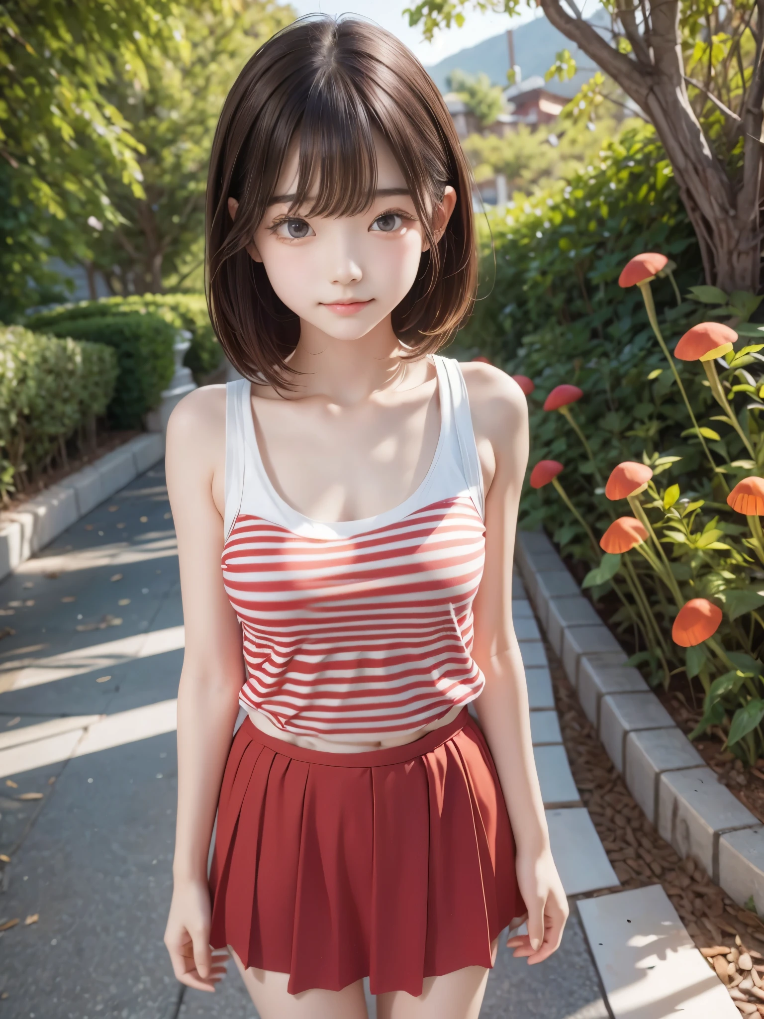 Red eyes, girl, I have a wallet, A red striped shirt with thick stripes, Red eyesが赤く光る, Tilt your head, Short brown hair、mushroom head, With a bright smile on his face, Character, Second Dimension, Golden flowers with a line of light overhead々standing between