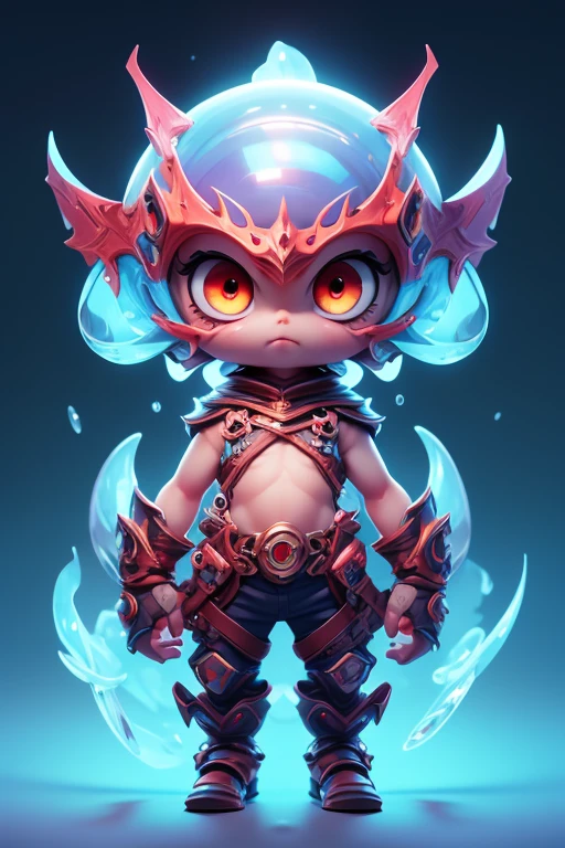 Create a monster image, a small, big-headed, baby monster.. The body is transparent and can be seen through. The image is sharp and detailed., with beautiful colors.. With arms, leg, eyes, mouth, พื้นหลังสีlegว