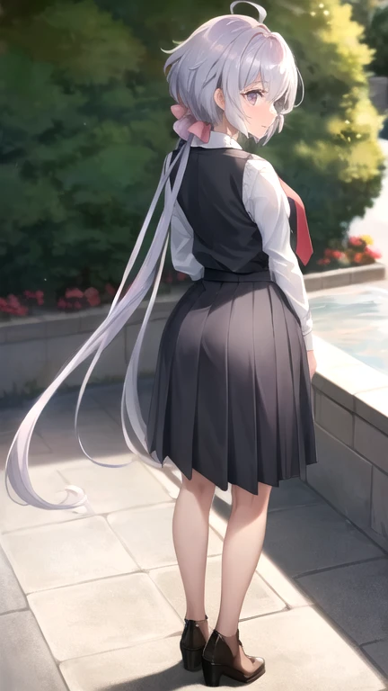 (extremely detailed CG), (best quality), perfect face, shiny skin, lustrous skin, wide hips, {full body, from behind}, {park, garden}, 1girl,solo  YukineChris, light purple hair, very long hair, low twintails, large breast, ahoge, purple eyes, twintails, white shirt, pleated skirt sleeveless, red necktie, standing, arms behind back, {{surprised}}