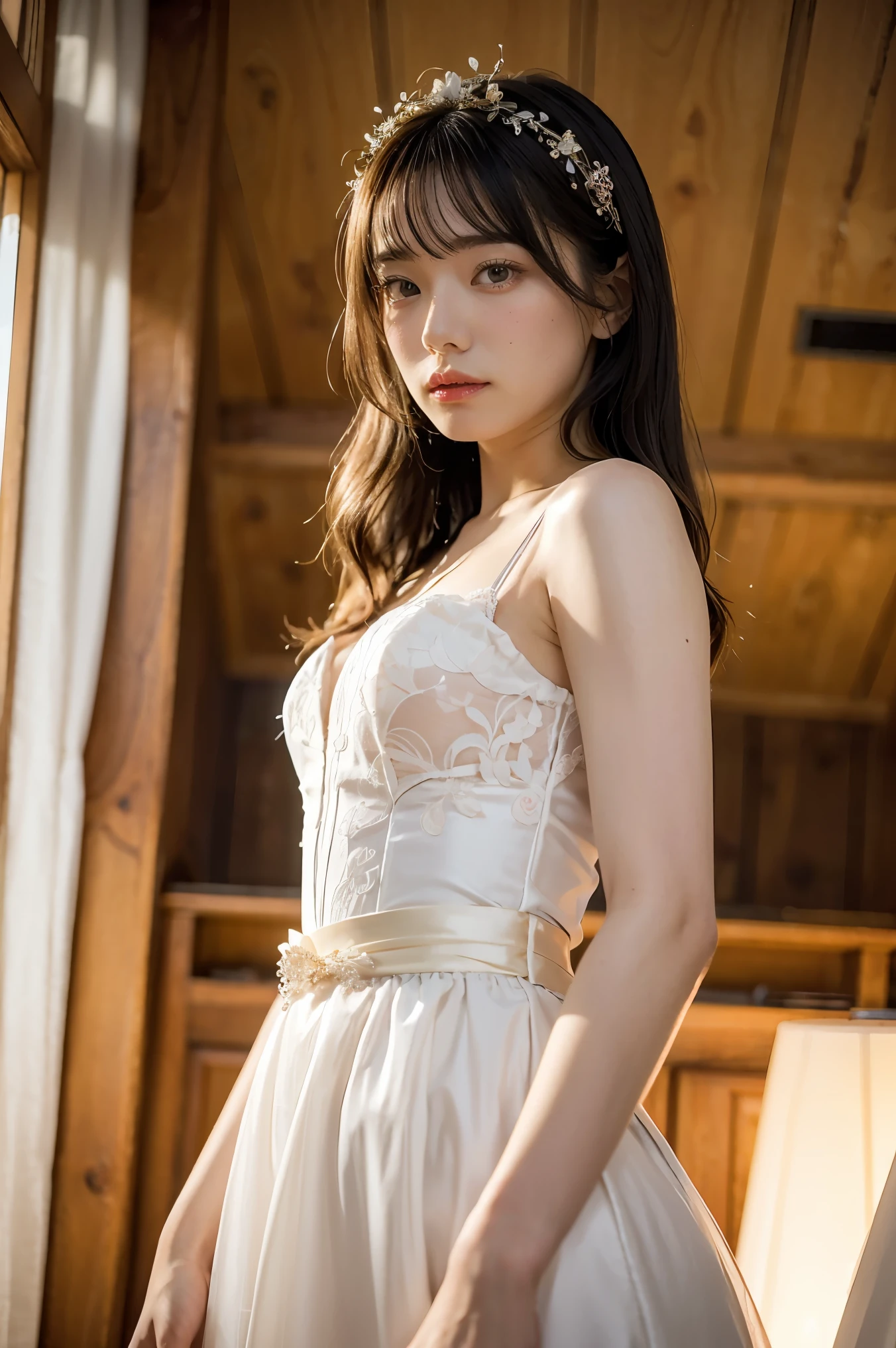 masterpiece:1.2, best quality), realistic, (real picture, intricate details, depth of field), (1girl, solo), make up, parted lips, highly-detailed, perfect face, (skindentation), thick thighs, wide hips, small waist, tall, glossy coral lips,, (A girl in a wedding dress with flowers in hands )), sexy, blushing, Mikasa from AOT