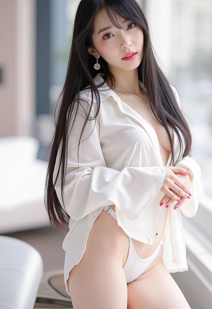 (Best Quality, Masterpiece: 1.1), (Reality: 1.4), 1 girl, long gray hair, curly hair, blue eyes, face, flaming red lips, oversized breasts, her hands covering her breasts, tight legs, long legs, shiny skin, seductive pose, lying in bed 1.5, perfect figure, age 26, seduction, white transparent jumpsuit, white one-piece stockings, white one-piece stockings, white horse oil stockings, shiny skin