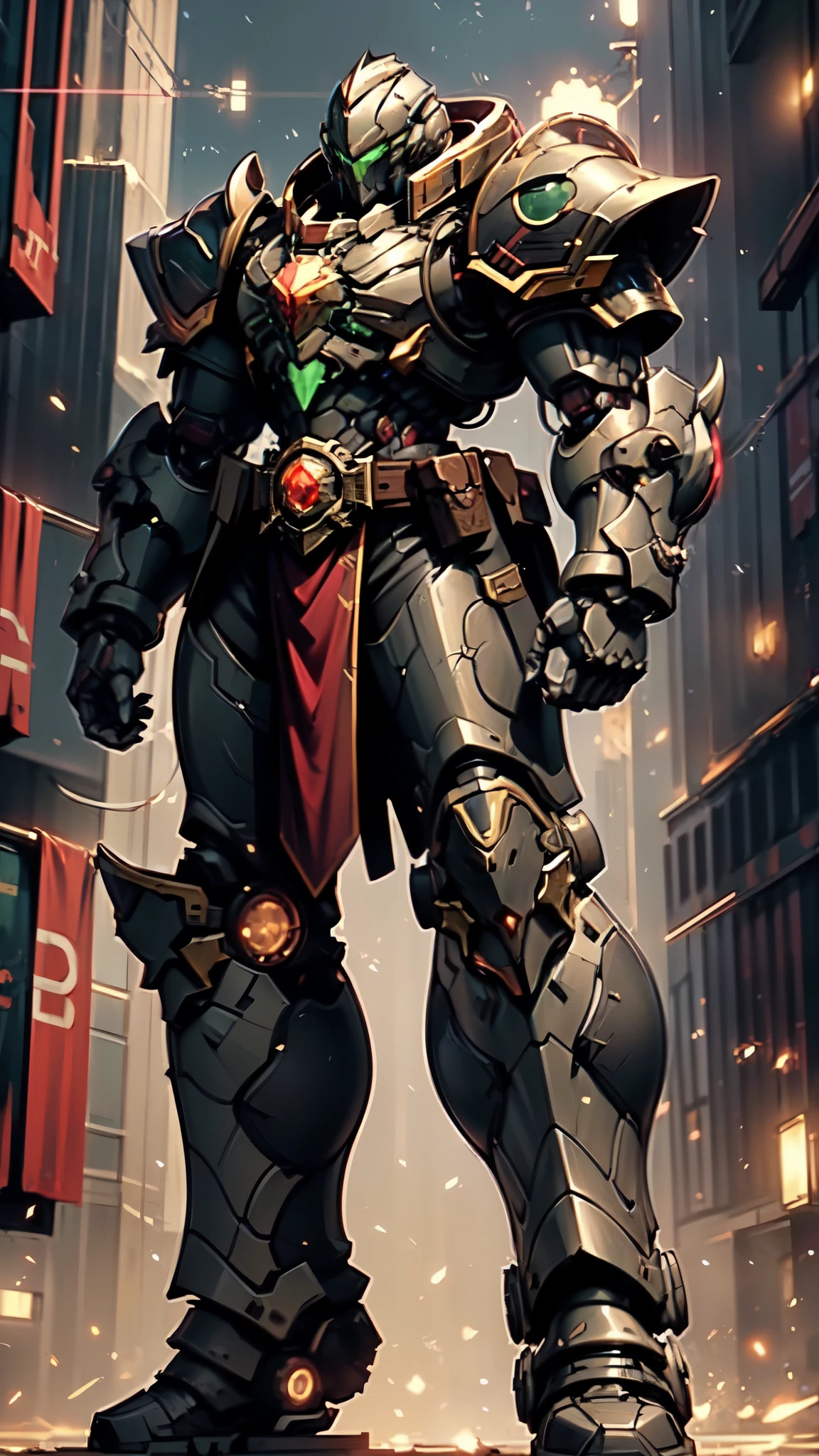 (masterpiece:1.5, best quality:1.5, extremely delicate:1.5), ((male:1.5)), a man wearing a full-face helmet, a biotech armored combat suit, green eyes, (a composite layered chest armor), fully enclosed shoulder guards, matching arm and leg guards, a belt of gemstone, (the color scheme is primarily black with green and red accents), the design balances heavy with agility, a high-tech bio-mecha armor, (Armor Concept Inspired by Space Marines, stand of a futuristic sci-fi city), this character embodies a finely crafted fantasy-style armored hero in anime style, exquisite and mature manga art style, (element, plasma, energy, the armor glows), metallic, high definition, highres, ultra-detailed, ultra-fine painting, professional, perfect body proportions, golden ratio, anatomically correct, symmetrical face, extremely detailed eyes and face, high quality eyes, creativity, RAW photo, UHD, 32k, Natural light, cinematic lighting, masterpiece-anatomy-perfect