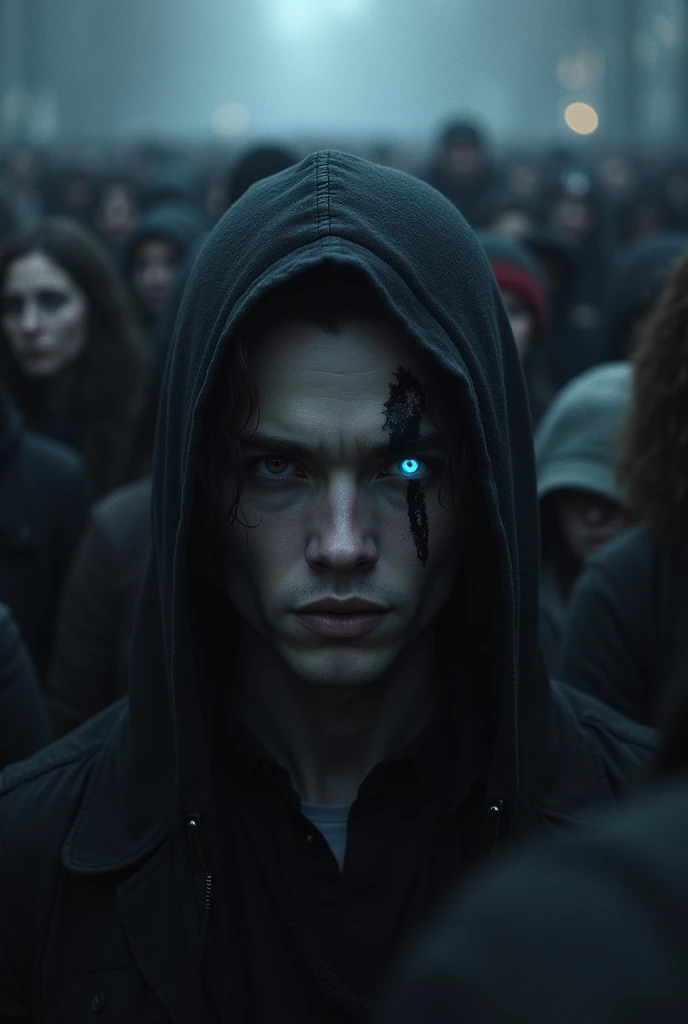 cinematic film still of <lora:white sclera v2:1>  white glowing eyes, 
a man in a hoodedie with a hook shaped arm,solo,1boy,upper body,male focus,signature,hood,armor,mask,cloak,hood up white sclera, white eyes, bright eyes, hollow eyes, empty eyes, blind eyes, shallow depth of field, vignette, highly detailed, high budget, bokeh, cinemascope, moody, epic, gorgeous, film grain, grainy