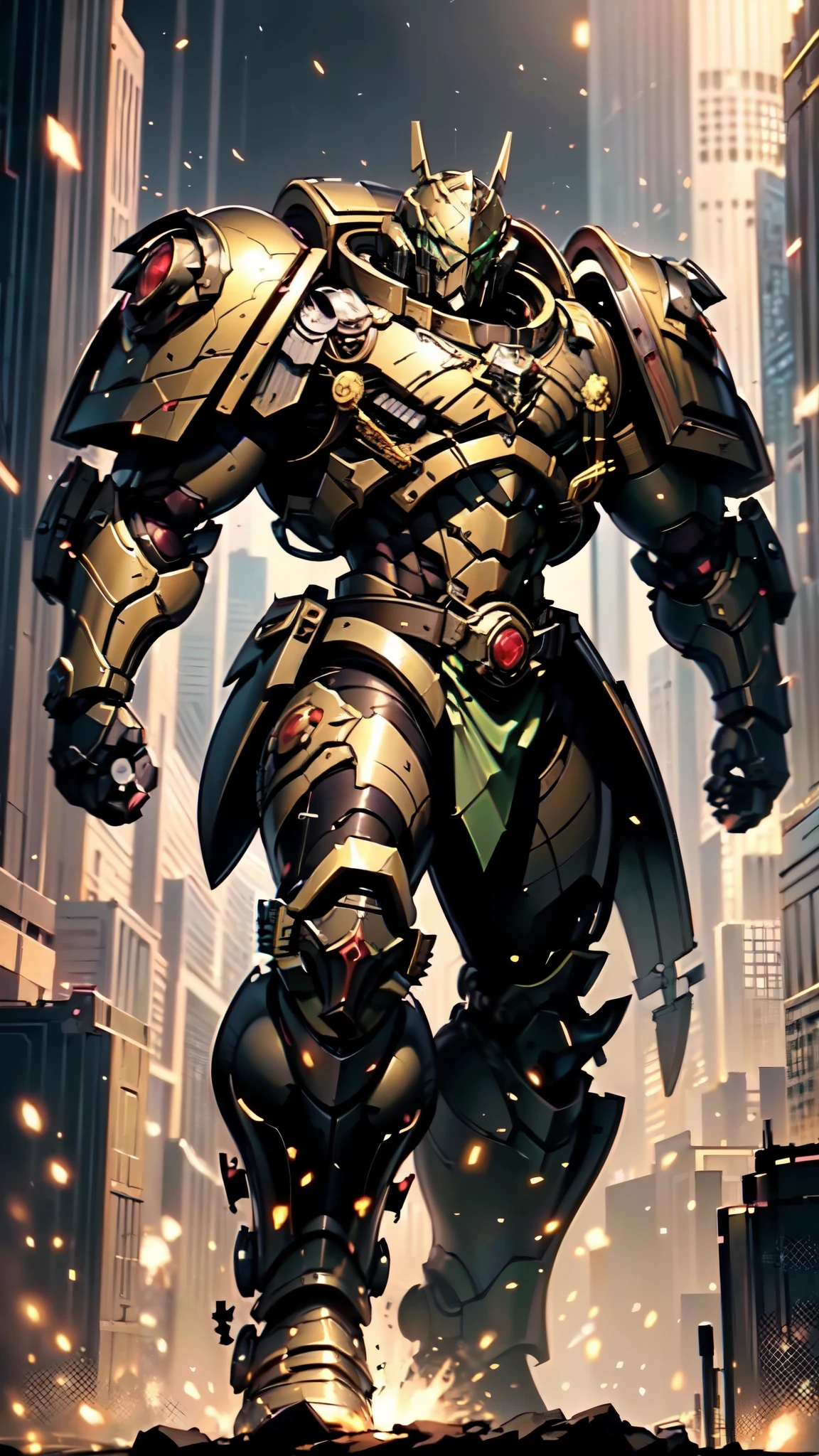 (masterpiece:1.5, best quality:1.5, extremely delicate:1.5), ((male:1.5)), a man wearing a full-face helmet, a biotech armored combat suit, green eyes, (a composite layered chest armor), fully enclosed shoulder guards, matching arm and leg guards, a belt of gemstone, (the color scheme is primarily black with green and red accents), the design balances heavy with agility, a high-tech bio-mecha armor, (Armor Concept Inspired by Space Marines, stand of a futuristic sci-fi city), this character embodies a finely crafted fantasy-style armored hero in anime style, exquisite and mature manga art style, (element, plasma, energy, the armor glows), metallic, high definition, highres, ultra-detailed, ultra-fine painting, professional, perfect body proportions, golden ratio, anatomically correct, symmetrical face, extremely detailed eyes and face, high quality eyes, creativity, RAW photo, UHD, 32k, Natural light, cinematic lighting, masterpiece-anatomy-perfect