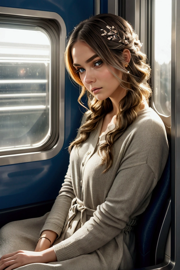 A beautiful woman sits by the window on a train, the world rushing by outside. Her expression is thoughtful, almost melancholic, as she gazes into the distance. Her casual yet stylish outfit complements her effortless beauty, and the soft lighting inside the train highlights her serene features