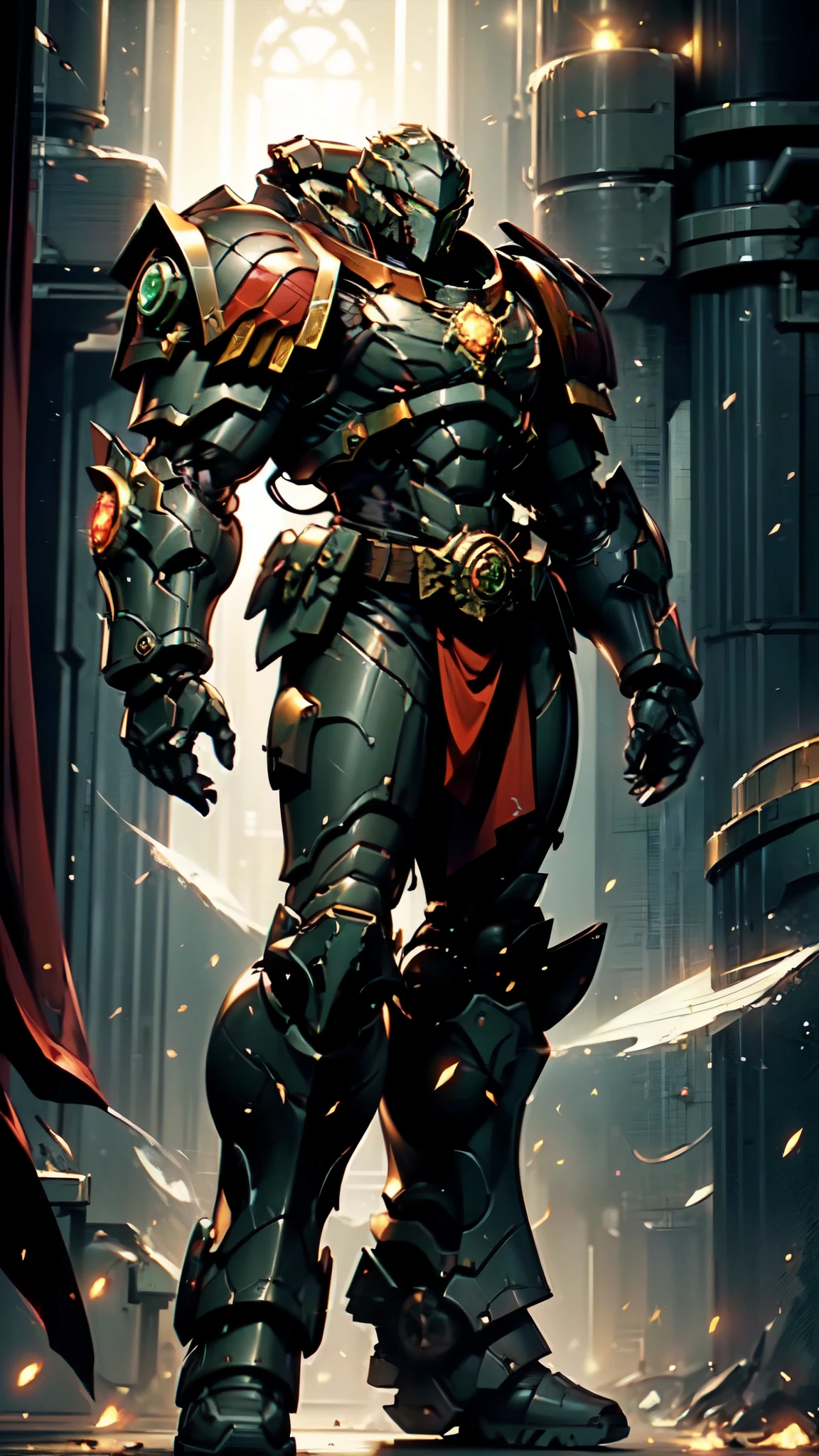 (masterpiece:1.5, best quality:1.5, extremely delicate:1.5), ((male:1.5)), a man wearing a full-face helmet, a biotech armored combat suit, green eyes, (a composite layered chest armor), fully enclosed shoulder guards, matching arm and leg guards, a belt of gemstone, (the color scheme is primarily black with green and red accents), the design balances heavy with agility, a high-tech bio-mecha armor, (Armor Concept Inspired by Space Marines, stand of a futuristic sci-fi city), this character embodies a finely crafted fantasy-style armored hero in anime style, exquisite and mature manga art style, (element, plasma, energy, the armor glows), metallic, high definition, highres, ultra-detailed, ultra-fine painting, professional, perfect body proportions, golden ratio, anatomically correct, symmetrical face, extremely detailed eyes and face, high quality eyes, creativity, RAW photo, UHD, 32k, Natural light, cinematic lighting, masterpiece-anatomy-perfect