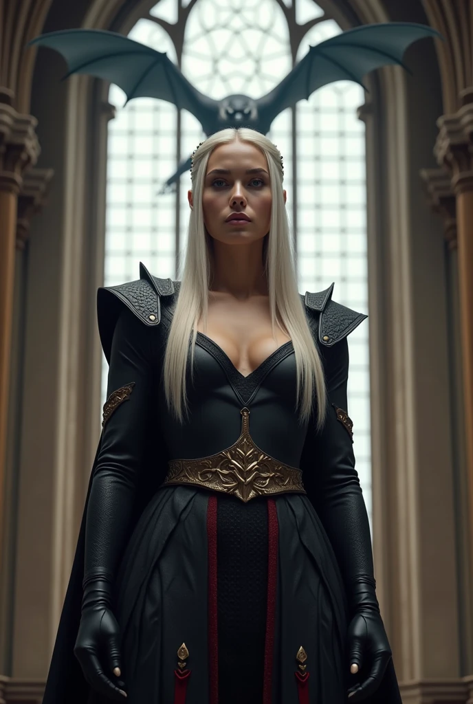 Epic fantasy portrait of powerful Cersei Lannister dressed in a black, futuristic Sith-inspired outfit. She has an intimidating presence with her stern expression and piercing gaze. Her attire includes a form-fitting latex suit with armor-like shoulder pads, a corset, and a flowing cape. Her hair is styled in intricate braids. The setting is a dark, futuristic corridor with red light beams and dramatic lighting.