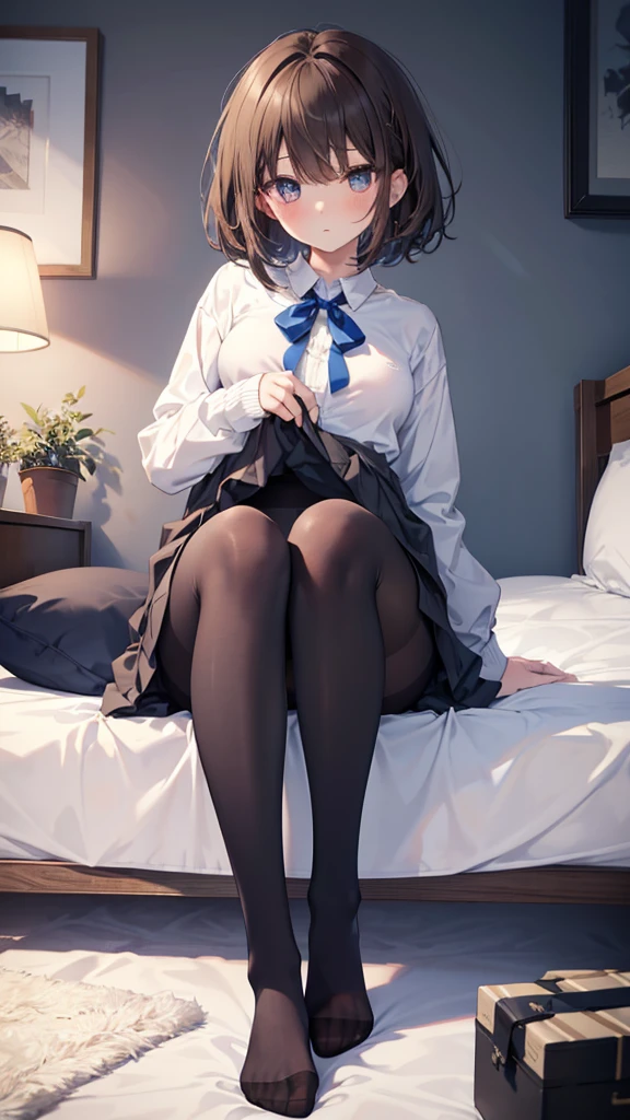 Highest quality, masterpiece, High resolution, (whole body), front, Symmetric, 1、alone, (whole body from head to toe), Small breasts, Short Bob, Slightly unkempt hair, (black tights), ( (Black Pantyhose), slender beautiful feet, Very clean１People Women (No shoes) feet), blush, Shy big eyes, Brown Hair、(bangs), Bedroom、Looking at the camera, Blazer uniform, White blouse high school uniform, Blue ribbon