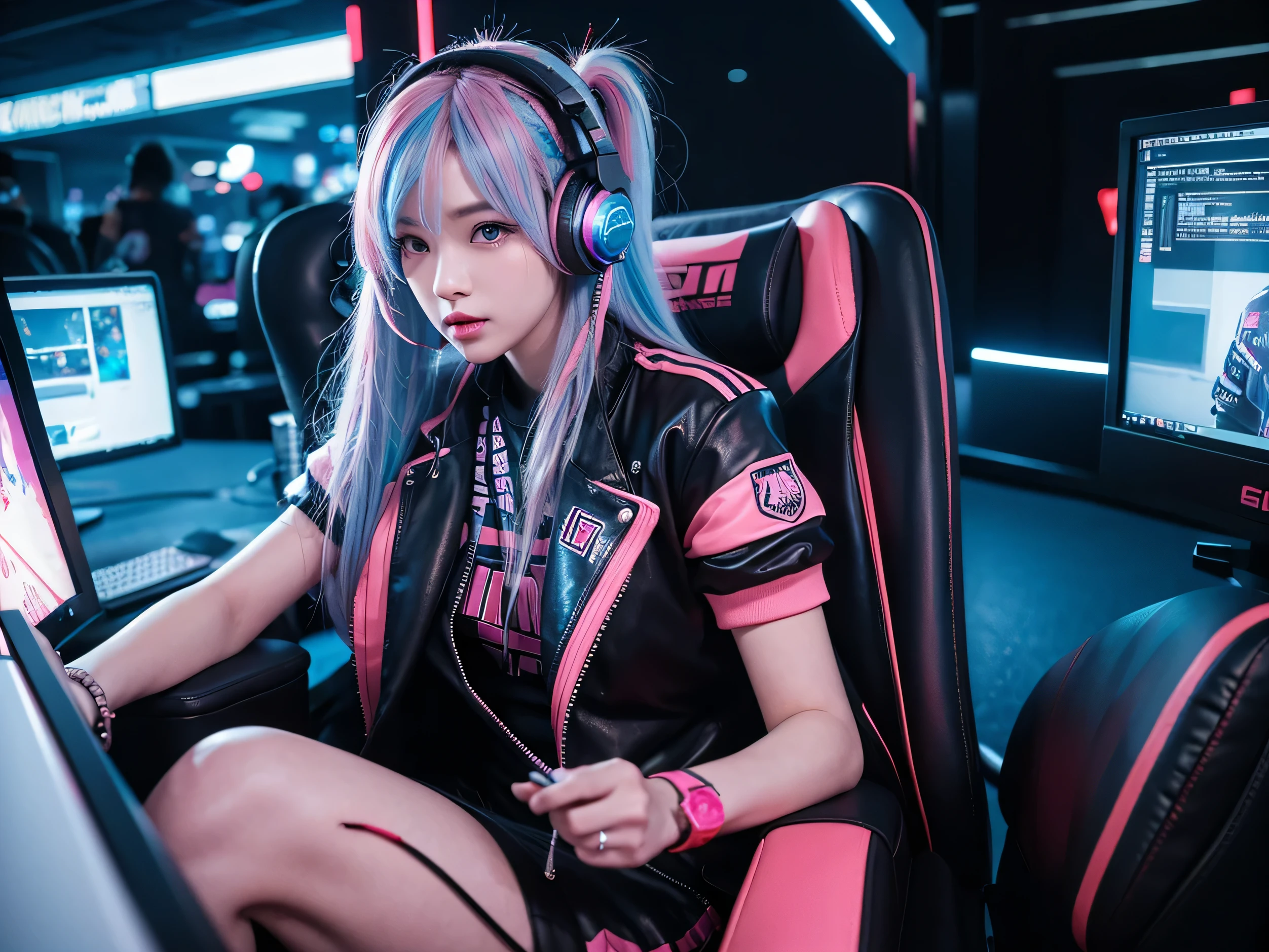A girl with pink hair, wearing a colorful outfit and cosplay costume, stands in a dynamic pose. She has a playful expression on her face as she enjoys playing video games. The girl is a gamer, immersed in her virtual world, holding a console controller in one hand and a keyboard in the other. She wears headphones, symbolizing her dedication to gaming. The scene is set in a brightly lit studio with soft lighting, enhancing the vivid colors of the girl’s outfit. The composition is creative and cartoonish, with a background scenery featuring artistic interpretation of video game elements. Glowing digital effects surround the girl, adding to the energetic and action-packed atmosphere. Electric blue accents are scattered throughout the image, giving it a mysterious and futuristic feel. Overall, the prompt aims to capture the fun, enthusiasm, and creativity associated with gaming, while showcasing the girl's passion and love for video games in an anime-style artwork.
Gamer girl pink hair sexy outfit