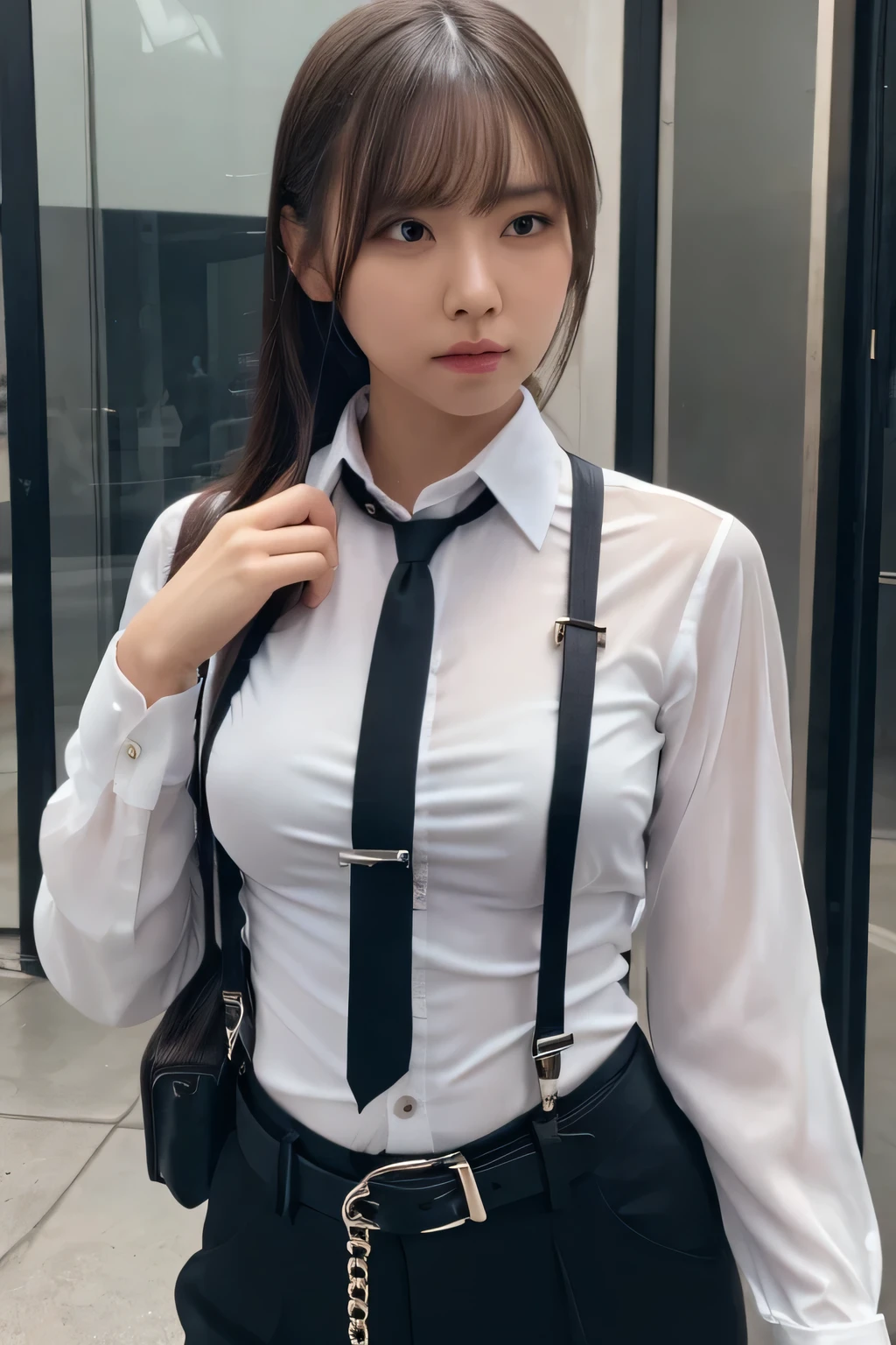 a woman in a suit, belt, hands behind back, sweating, suspenders, black pants, sexly, large breasts, see-through clothing, rain, detective, office worker, white button-up shirt, (best quality,4K,8k,highres,masterpiece:1.2),ultra-detailed,(realistic,photorealistic,photo-realistic:1.37),hyper-detailed,highly detailed face and body, Slender thin suspenders Moderate breasts See-through shirt Nipples holster chain Pistol Armament criminal Female criminal knife Hands Behind Back Constraints