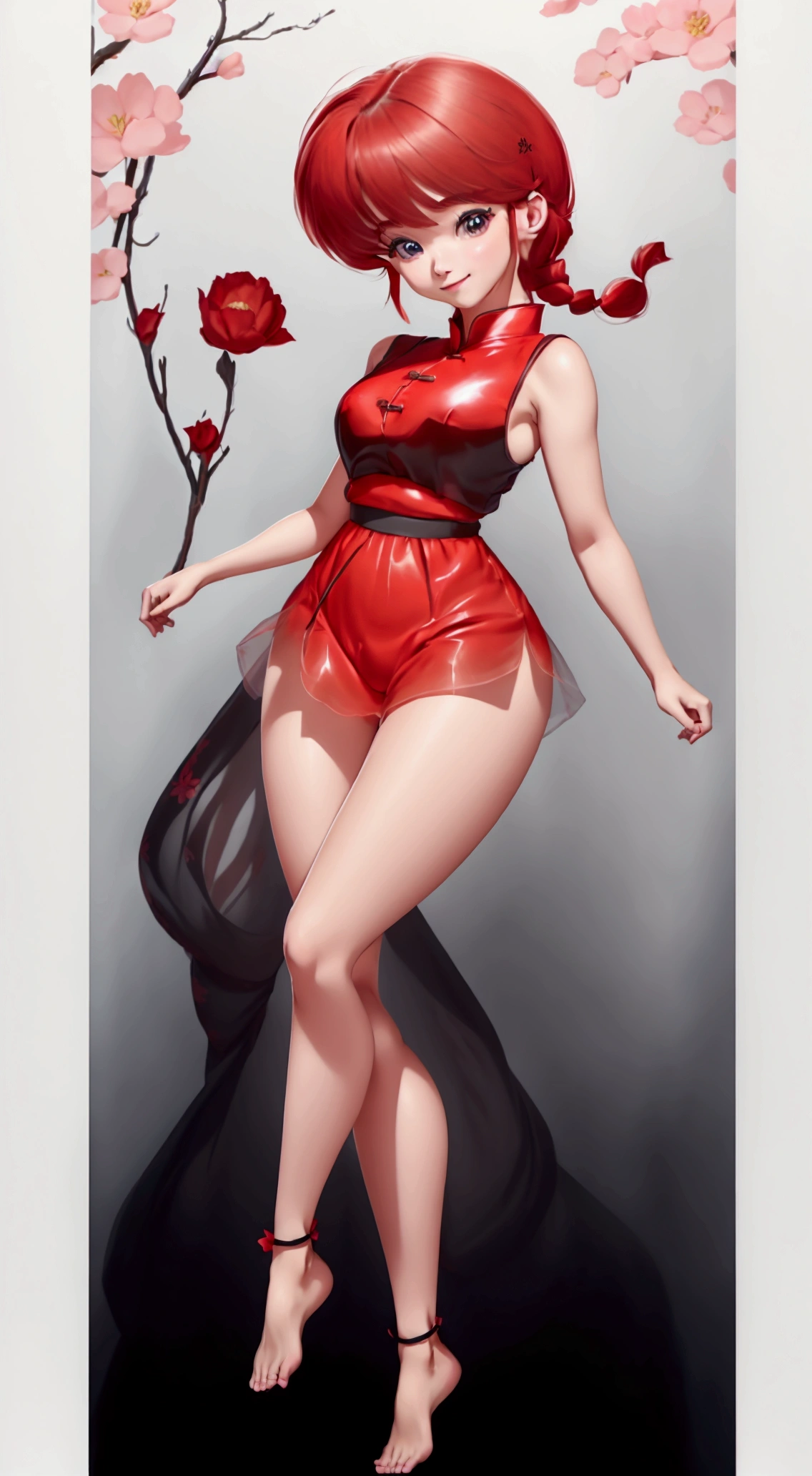 Create Female Ranma(2)(2 people have the same proportion)(actual上下身衣服是:3.7 scale),Color full-body photo,(Female Ranma Avatar)，happy smile,face the camera，One foot is slightly bent and pressed against，The calf of the other leg is slightly raised to make a small triangle., childish face, Short red hair(Ponytail braid)，bumpy bangs，Big blue eyes，Plump upper circumference，2 people stand with one arm bent and the other person’s arm，then facing：
(left)Wearing a Chinese-style fitted red glossy cheongsam(Jumpsuit short cheongsam)(Dark Print)。
(The one on the right)Wear Chinese-style Hanfu:馬面long skirt(long skirt)，top: fitted sleeveless shirt,底部翡翠綠雪紡高腰寬鬆優雅九分百褶long skirt(actual:1.2)(Floral)。