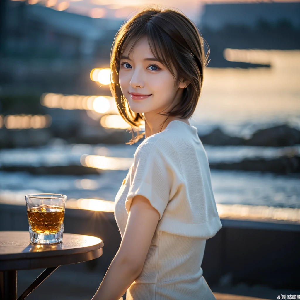 (Realistic, 超Realistic:1.4), 16k hdr, High resolution,Brown short hair,The best smile、Japanese actress,Super Beauty(Like the real thing),Short sleeve dress,Whiskey Bottle、The Macallan、Johnnie Walker、、Old Parr、whiskey、Suntory、Nikka、Slim couple、Model Couple、(Realistic, Intricate details:1.2), Full course dinner、Whiskey bottle and glass on the table、Single Malt、scotch、Rocks glass、Shot Glass、Whisky on the Rock、Scotland、Amazing view of the sunset sky and clouds、,Digital SLR camera, Soft lighting, Detailed Background, Written boundary depth, Volumetric lighting, Sharp focus, super Realistic 肌,super beautiful expression,Cloud Effect:1.2、プロ品質のHigh resolution、Realistic facial features,Highest quality,Slim figure,Highly detailed face,Highly detailed eyes,Beautiful Lips,Excellent light particles,Cinema Lighting,blue eyes,