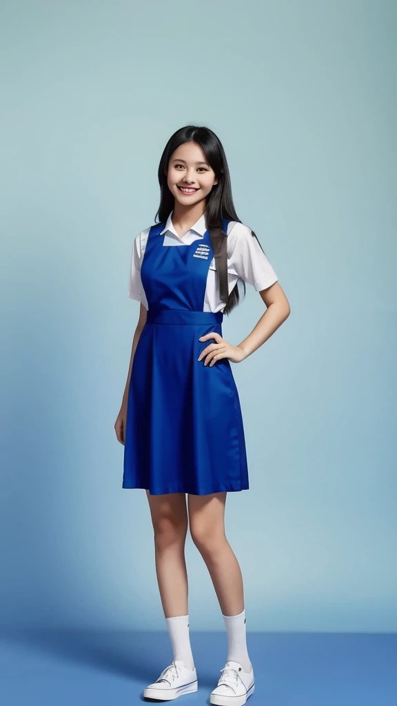 1girl with cute face smiling and black hair, model posing, standing, wearing white shirt, below-the-knee pinafore , (light blue uniform:1.2), black school shoes, white background, morning, full body, (masterpiece, top quality, best quality, official art, beautiful and aesthetic:1.2)