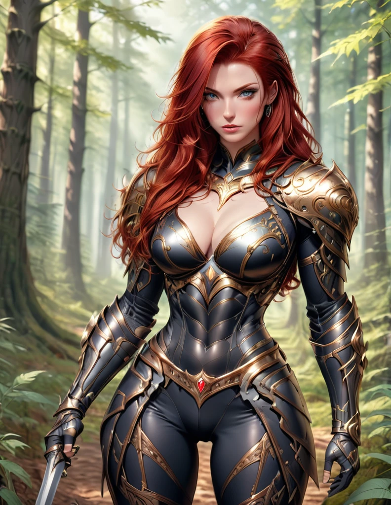 Masterpiece, best quality, maximum resolution, HD, super detailed 8K with cracks, super detailed and realistic skin. Beautiful snake-like girl, medium breasts, golden scales all over her body, wears a low-cut black top, long red hair, bright blue eyes and detailed detail, dirt road, fantasy style, RAW