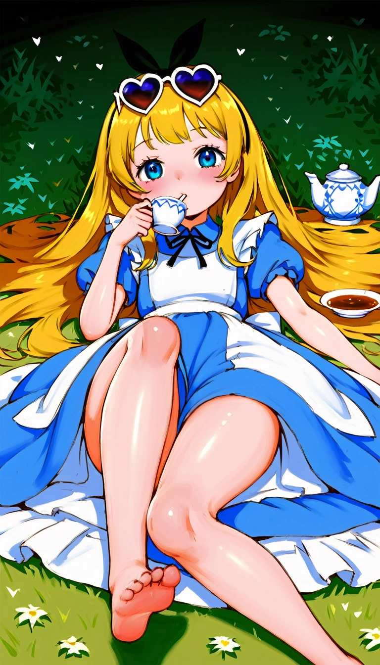 (masterpiece:1),(highest quality:1),(hdr:1), Young Alice in Wonderland lying on her belly in the pose of a ****ta, loose top showing small , no panties on, bare feet up, drinking a tea with a straw from a china cup, lying on the grass in wonderland, heart sunglasses on the tip of her nose 