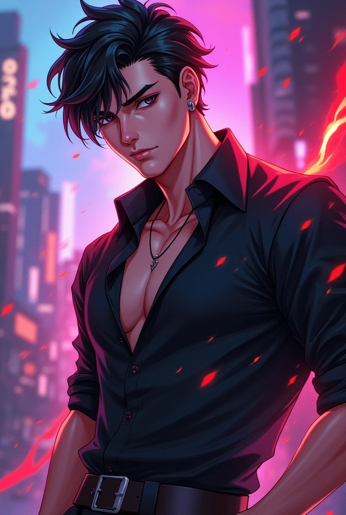 a 25 year old guy with glasses, with red eyes and red hair with an open shirt and headset, tall and with a dominant attitude that is anime-like, looking tough and sexy, showing his hands