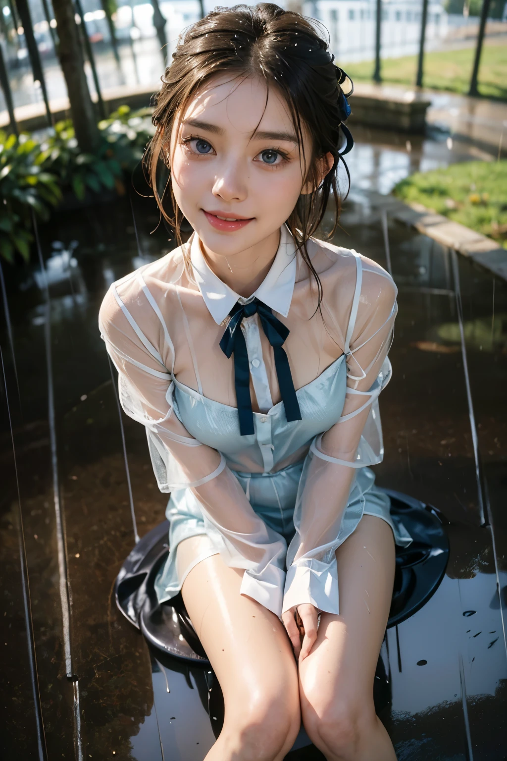 ((Bright garden porch background)), (lo-fi), (soft focus), High Definition, Masterpiece, High Definition, High Definition, 4K, Ultra High Definition, Ultra realistic shadows, Ultra realistic, Dramatic lighting, One Girl, Solo, Detailed Face, Realistic Eyes, Realistic Skin, Dynamic Hair, Dynamic Pose, Dynamic Angle, (White Blouse), (Dark blue bow tie), ( Long skirt in dark blue))), ((White ankle-length silk socks with frilled edging))), white background, (Raw photo: 1.2), (Photorealistic: 1.4), Beautiful detailed woman, Highly detailed eyes and face, Beautiful detailed eyes, Huge file size, super detailed, high resolution, very detailed, highest quality, (bright indoors), (soft light), (low contrast), ( shallow depth of field), (portrait of a beautiful woman illuminated by gentle light), (very delicate and elegant depiction), (short length bangs), (hair color is dark chestnut with a slight brown tone), (hair with subtle and gentle waves), (small braid intricately woven on the sides of long hair), (((white ankle-length silk socks with ruffled edging))), illustration, very detailed, CG, unification, 8k wallpaper, amazing, fine details, best quality, highly detailed CG unified 8k wallpaper, face lights, movie lighting, 1 girl, 25 years old, ((without panties)), (camel toe), (half), (bent knees and legs sitting)), (black leather shoes)