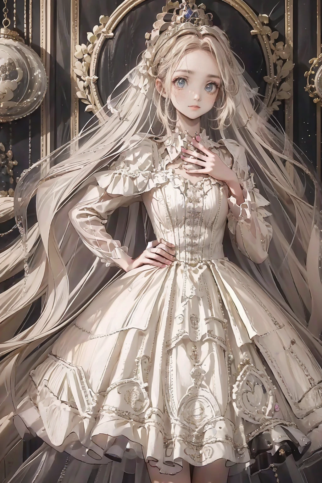 (Highest quality,4K,High resolution,masterpiece:1.2),Very detailed,Realistic:1.37,,、((Pink Dress)), Hyperrealistic photo of a girl in a majestic light pink and gold ball gown dress, Big beautiful dress, Lots of frills and rhinestones、Intricately voluminous ball gown (Highest quality, Tabletop, Art Station, Fantasy art:1.2), 美しいcute***, (Long blonde curly hair:1.1), (Intricate short gold skirt, Full Body Shot)、Anime Style、Storytelling、、Beautiful girl、とてもcute天使、Pink Gothic Dress、cute、Baby Face、smile、Long Skirt、,Black long boots、Highest quality, masterpiece, 最High resolution, artwork, super それにGet used to it, many Get used to it, Get used to it, それにGet used to it, woman, ,((Pink Victorian Voluminous Ball Gown Dress)),Long dress,A dress with lots of frills and ribbons..Wearing a tiara on her head,luxury,One person, Pink brown hair,Pink Eyes、Pink World,(A girl wearing a pink princess skirt),Pink Hair,pink bedroom layout,Pink Bed,Pink mosquito net,Pink furniture,Pink color palette,(zenTangle, Mandala, Tangle, enTangle:0.6),(Making Art),The most beautiful chaotic shapes,Beast Design,behind,Pink High Heels,Perfect hands,
