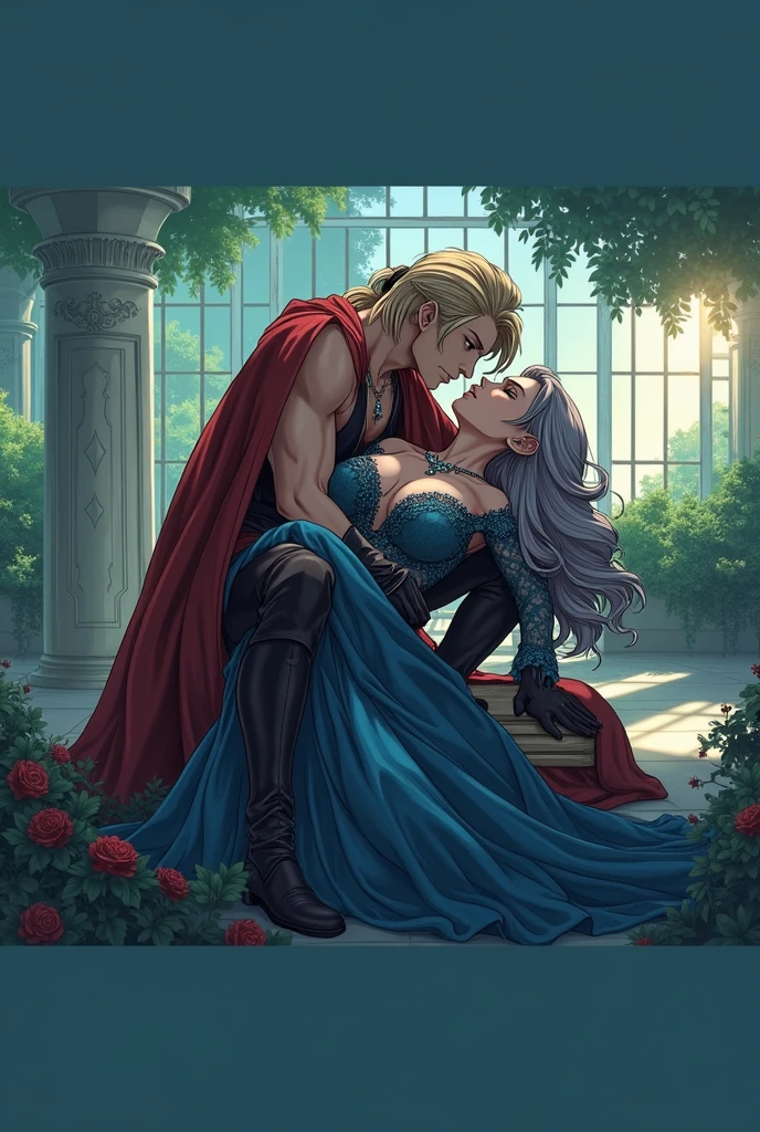 arafed a picture of elf vampire in her castle and her pet wolf, an exquisite beautiful female elf vampire (ultra details, Masterpiece, best quality), blond hair, pale skin, hair in a ponytail, long hair, blue eyes, cold eyes, smirking, wearing white dress (ultra details, Masterpiece, best quality), red cloak, in dark fantasy library, with an big grey wolf  (ultra details, Masterpiece, best quality) book shelves, arafed high details, best quality, 8k, [ultra detailed], masterpiece, best quality, (ultra detailed), full body, ultra wide shot, photorealism, RAW, dark fantasy art, gothic art,