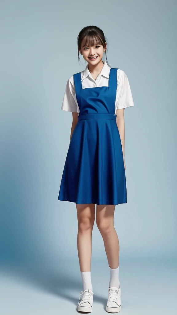 1girl with cute face smiling and black hair, model posing, standing, wearing white shirt, below-the-knee pinafore , (light blue uniform:1.2), "black shoes", white background, morning, full body, (masterpiece, top quality, best quality, official art, beautiful and aesthetic:1.2)