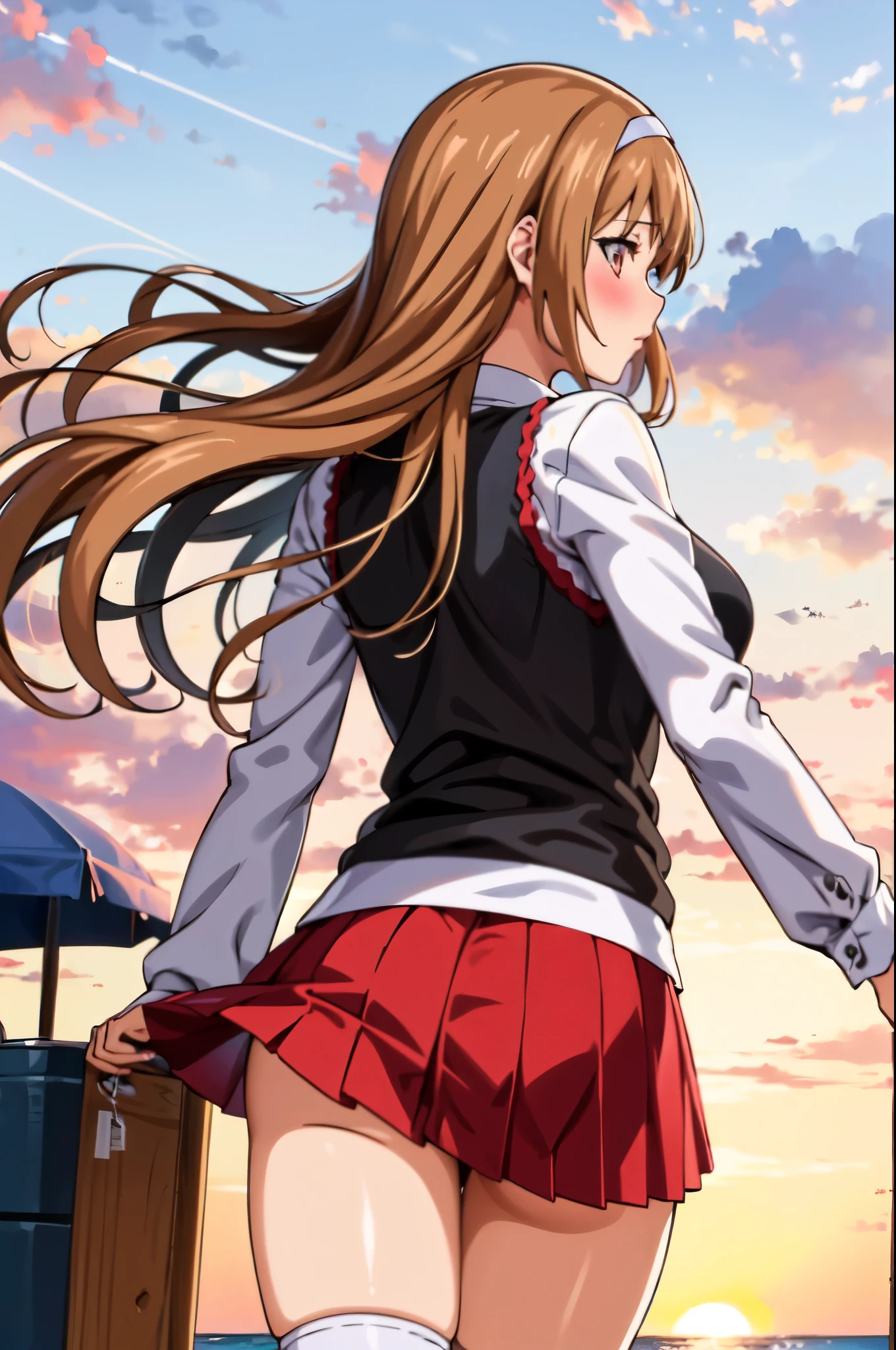 Ayumumo, One girl, Hairbands, Black shirt, Long sleeve, Pleated skirt, black knee highs, From the side, Looking Back, Floating Hair, blush, ass pov, beach in the sunset background,