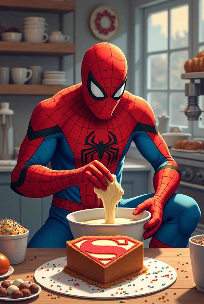 spider man sitting in a dinner store, he's wearing his complete hero costume, medium camera shot angle, cinematic lights and angle --auto --s2