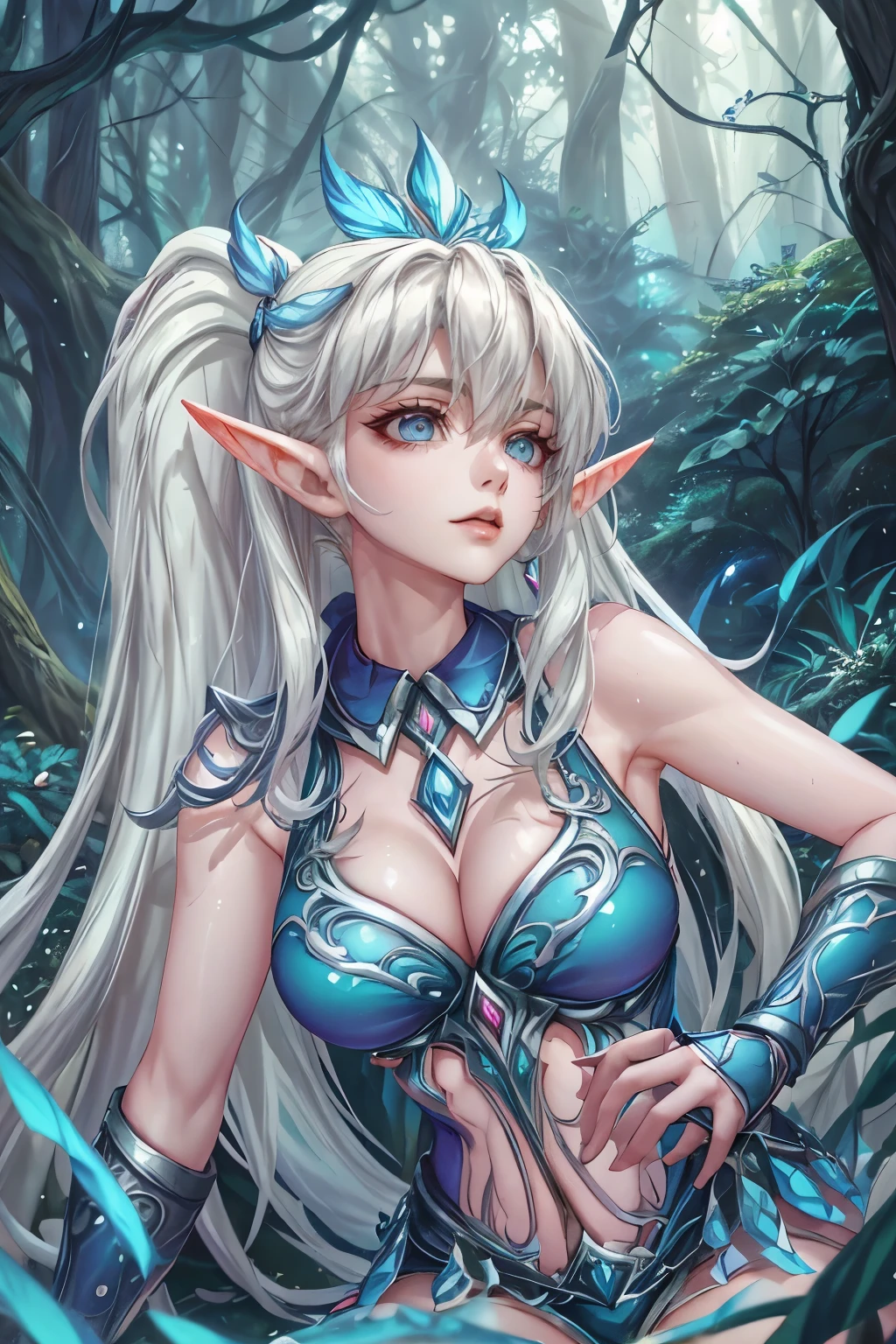 (highres,best quality),detailed elf woman,detailed face,detailed eyes,looking up to the sky,half-naked,vibrant colors,landscape background,forest elements,waterfall,ethereal atmosphere,soft sunlight,serene expression,flowing hair,fantasy setting,magical ambiance,glowing flowers,delicate features,enchanted forest,rays of light,pastel hues,mystical creatures,majestic trees,sparkling water,dappled shadows,ethereal beauty,fierce yet elegant,graceful posture,strong connection with nature,mysterious eyes,wisdom and enchantment,harmonious blend of fantasy and reality,mythical realm,magic in the air,serenity and tranquility,immersive experience,whimsical and captivating,unforgettable visual journey,masterpiece artwork