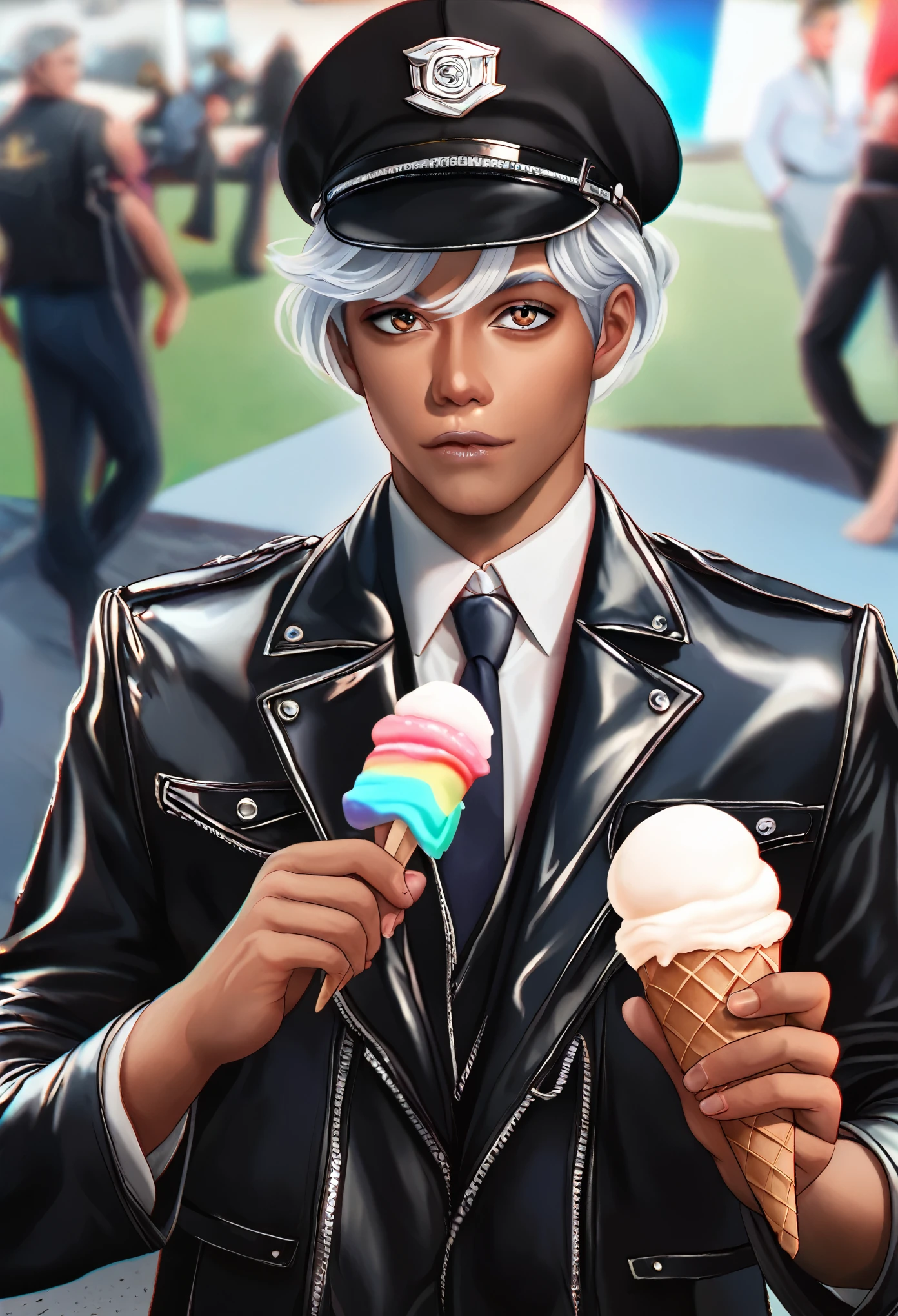 Handsome young man wearing a leather jacket, Wear a hat, Have silver hair, Holding ice cream, Disheveled silver hair, Handsome, (8K, RAW photos, Reality:1.25) ,( Lip Gloss, eyelash, man, Glossy surface, Smooth skin, Dark Skin, Dark Breath, male, best quality, Ultra-high resolution, young man, Depth of Field, Chromatic Aberration, Caustics, Broad lighting, Natural shade,Korean Idol) Looking at the audience with a peaceful and sacred happiness,\",\"width