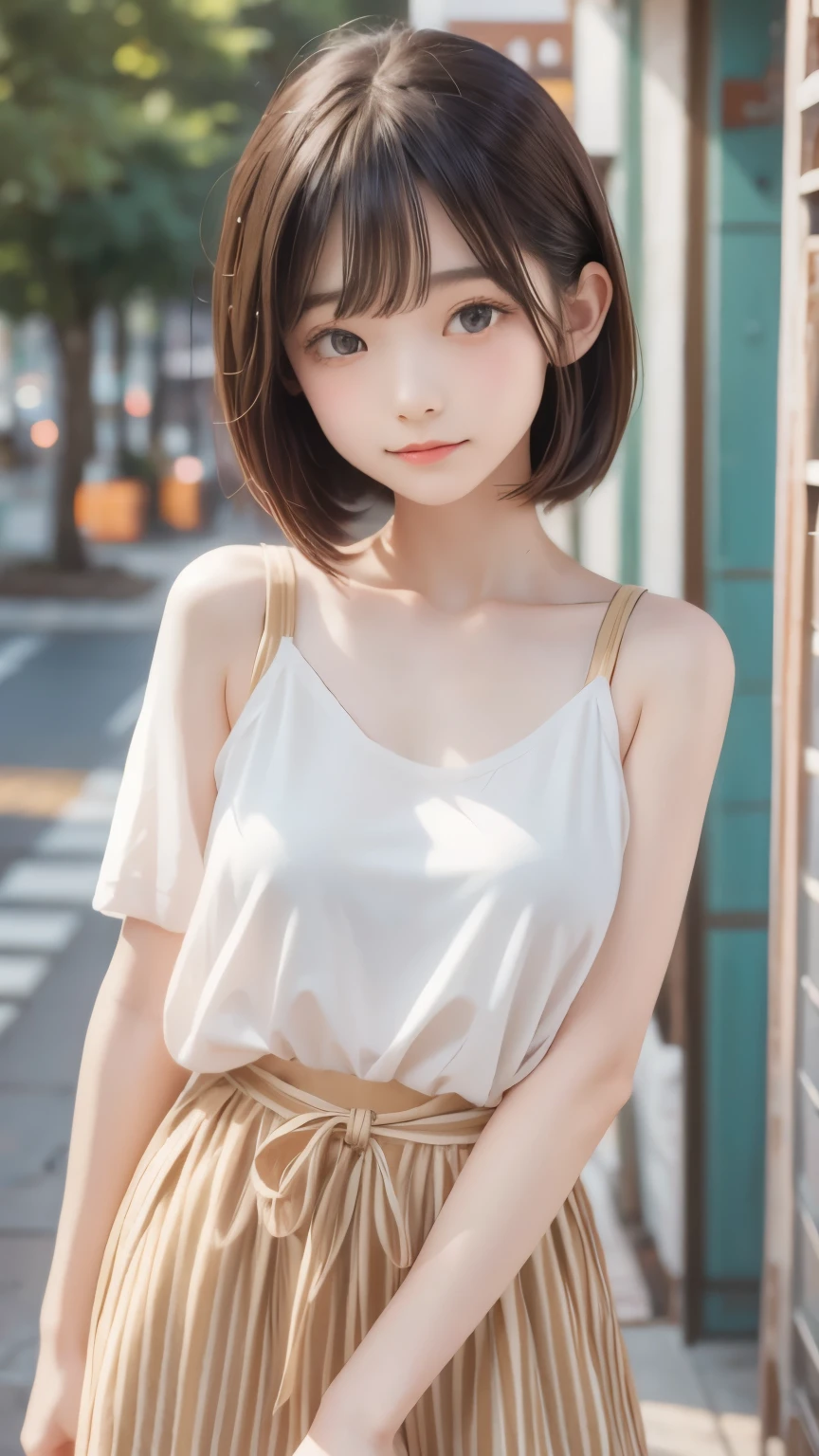 Red eyes, girl, I have a wallet, A yellow-green striped shirt with thick stripes, Red eyesが赤く光る, Tilt your head, Short brown hair、mushroom head, With a bright smile on his face, Character, Second Dimension, Golden flowers with a line of light overhead々standing between