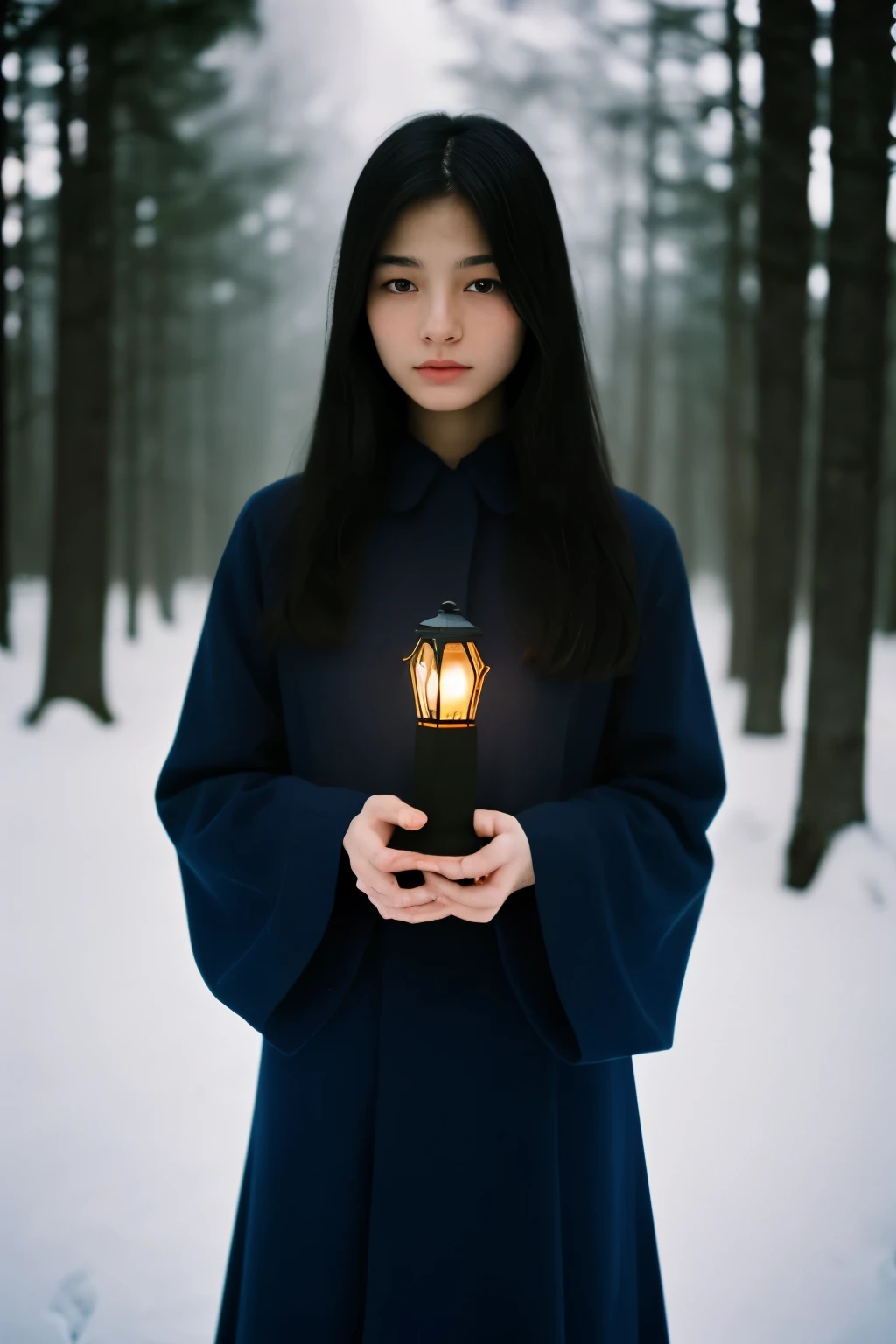 A woman in a blue coat holding a lantern in a snowy forest - SeaArt AI