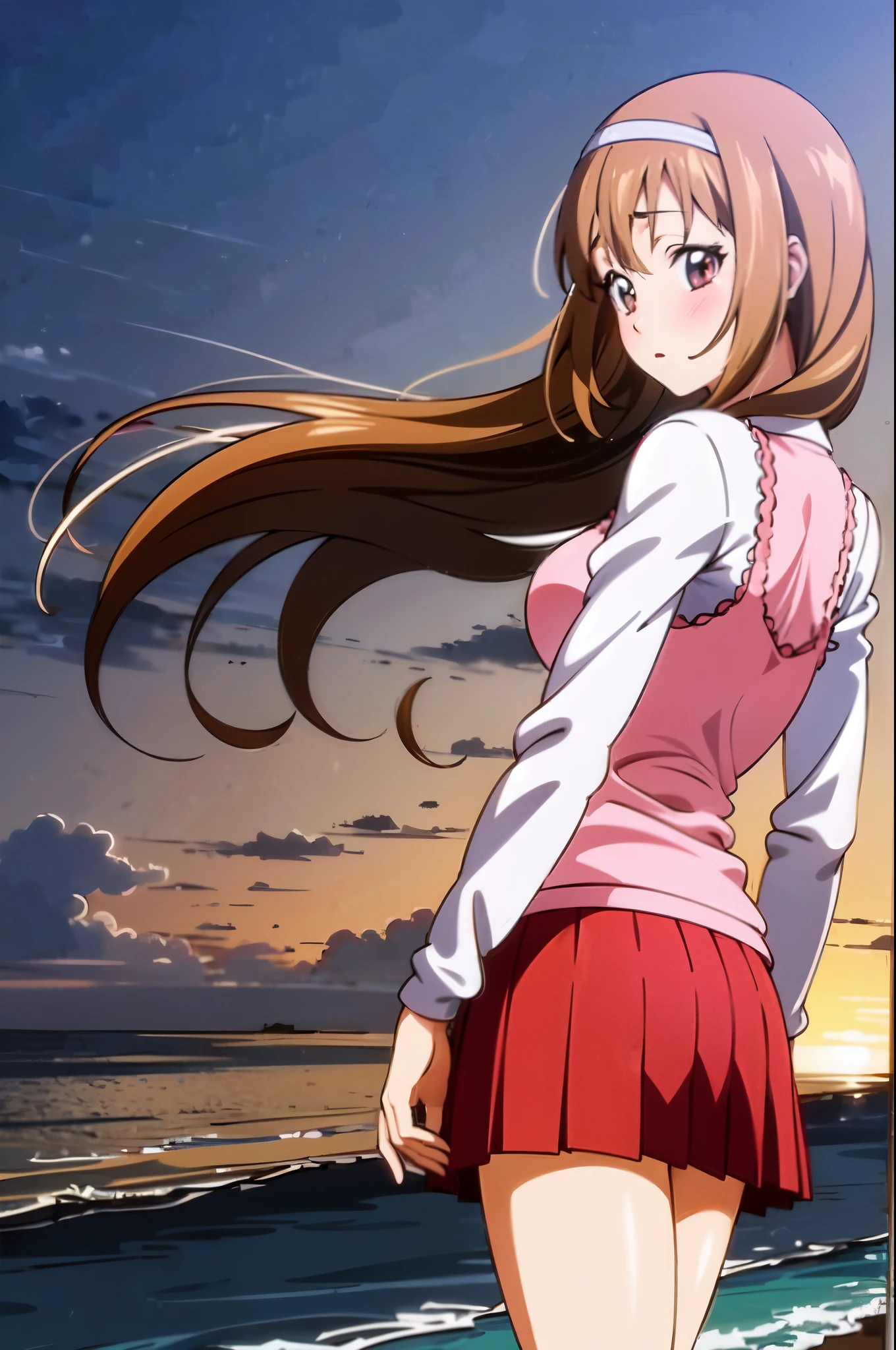 A beautiful young girl in a pink shirt, long sleeves, pleated skirt, black knee-high socks, hair band, looking back over her shoulder, floating hair, blush, POV, beach in the sunset background