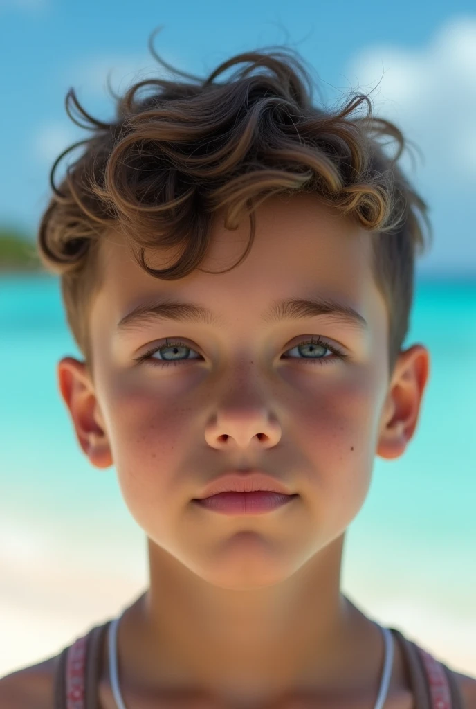 A 14 year old boy, hermoso, facciones finas, rasgos lindos, rasgos europeos, piel blanca, ojos azules, light brown hair, mirada triste y pensativa, pecho agradable desnudo y definido, toples, piernas fuertes musculosas desnudas, masculino